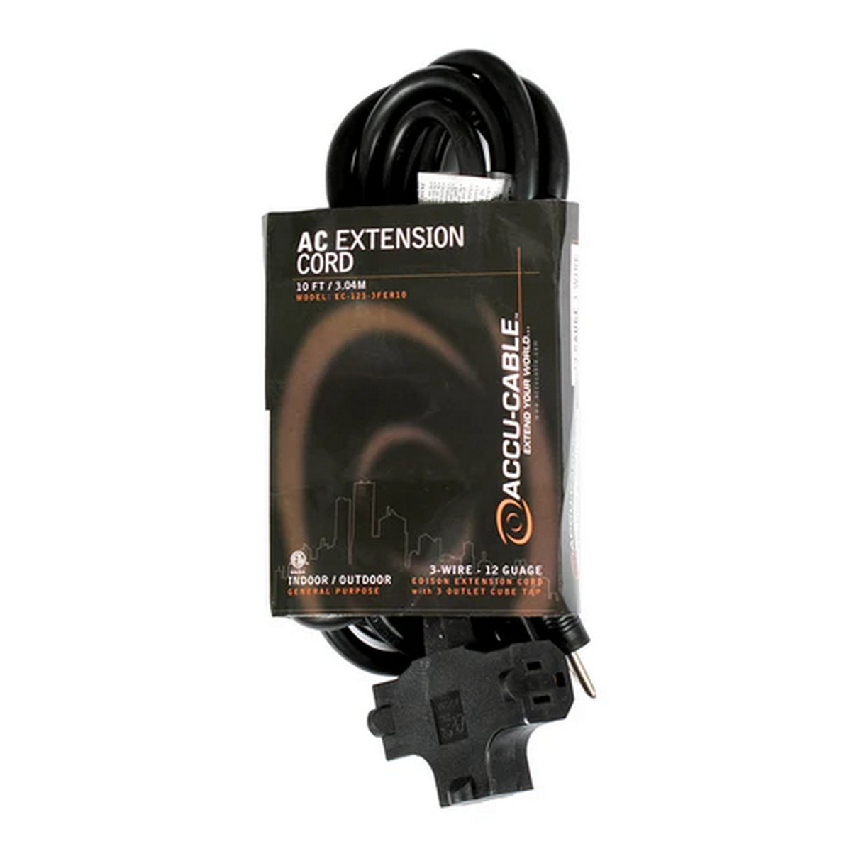 Accu Cable EC1233FER10 12 Gauge Extension Cord with Triple Edison Outlets, 10-Feet