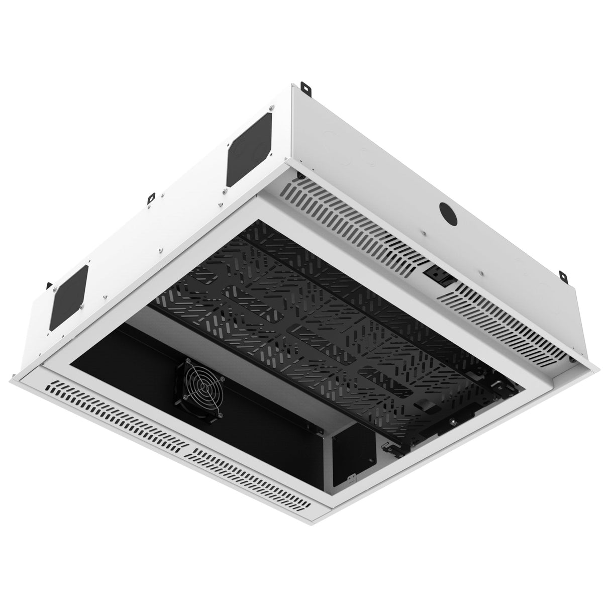 AtlasIED CR222 Series Ceiling-Mount Racks with 2RU Half-Width AmbiTILT Shelf and Integrated AC Power Pack