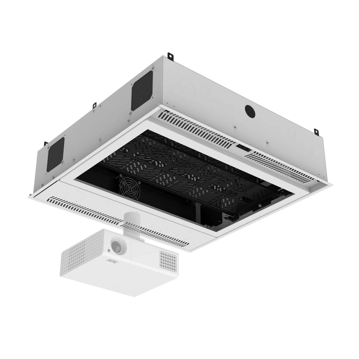AtlasIED CR222 Series Ceiling-Mount Racks with 2RU Half-Width AmbiTILT Shelf and Integrated AC Power Pack