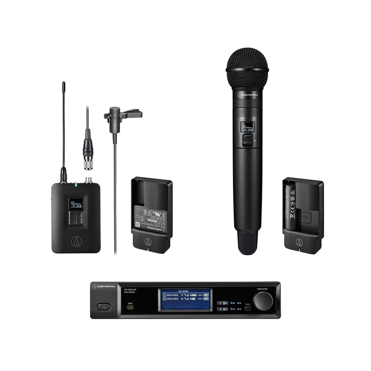 Audio-Technica ATW-D50-DRX-BLH 2-Person Wireless Cardioid Handheld/Lavalier Combo System, DF2 470-608 MHz