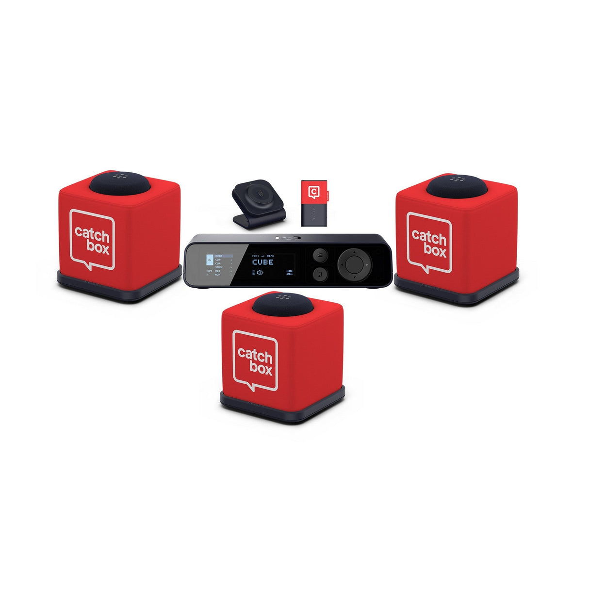 Catchbox Plus Wireless Microphone System with 4-Channel Plus Hub DSP Receiver - 3x Cubes + 3x Chargers, 1x Clip