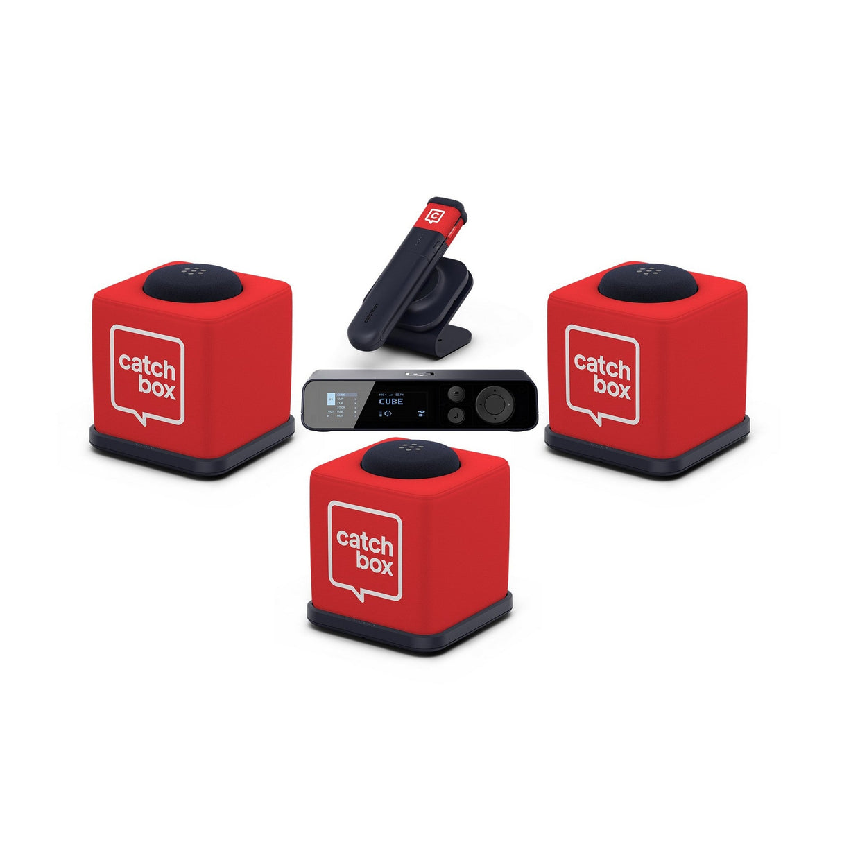 Catchbox Plus Wireless Microphone System with 4-Channel Plus Hub DSP Receiver - 3x Cubes + 3x Chargers, 1x Stick