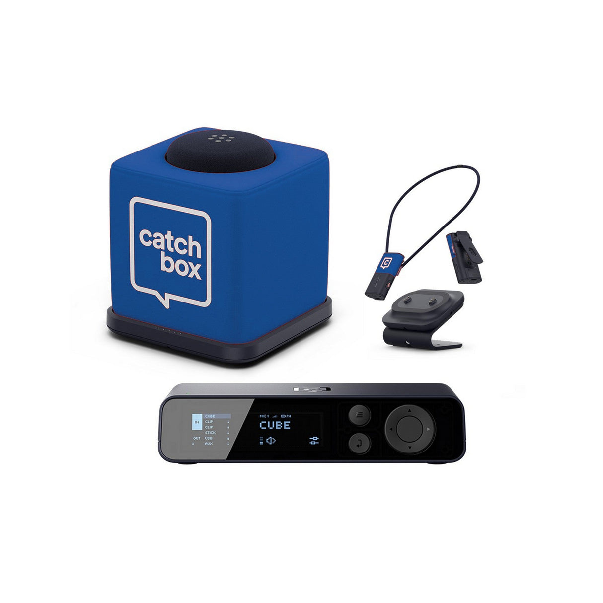 Catchbox Plus System with 4-Channel Hub DSP Receiver Single Cube Bundle - 1x Cube + Charger, 2x Clips + Duo Dock / Navy