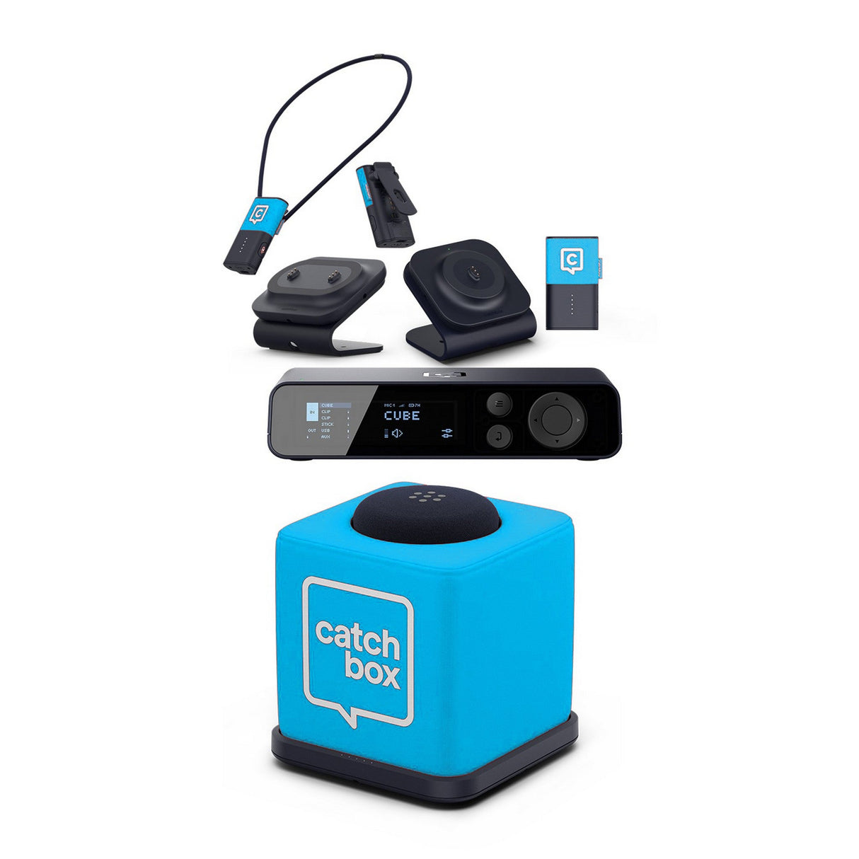 Catchbox Plus System with 4-Channel Hub DSP Receiver Single Cube Bundle - 1x Cube + Charger, 3x Clips + Single Dock &