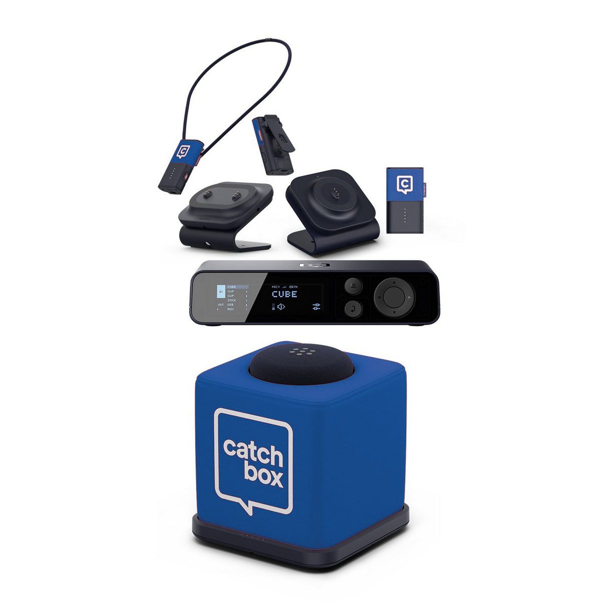 Catchbox Plus System with 4-Channel Hub DSP Receiver Single Cube Bundle - 1x Cube + Charger, 3x Clips + Single Dock &