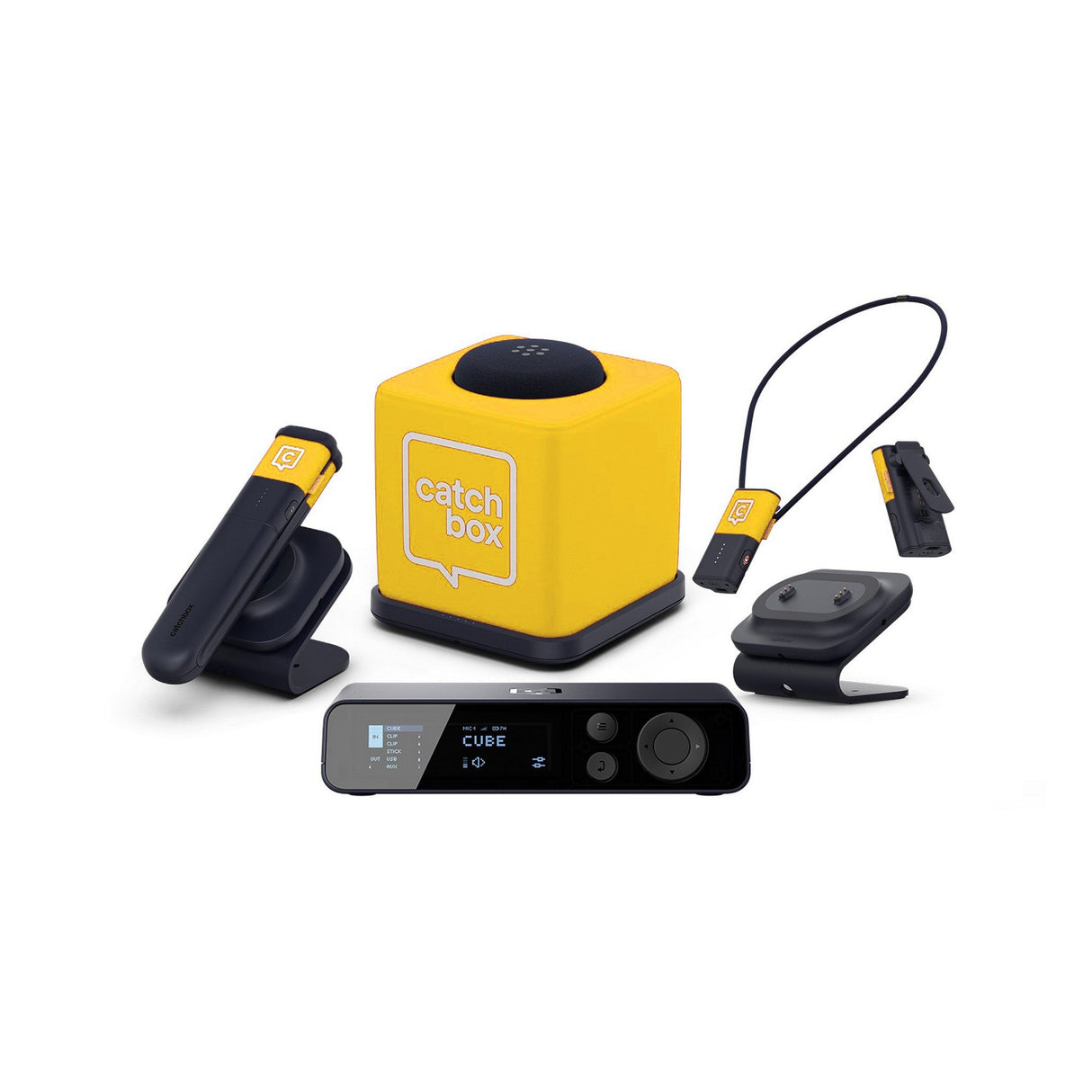 Catchbox Plus System with 4-Channel Hub DSP Receiver Single Cube Bundle - 1x Cube + Charger, 2x Clips + Duo Dock, 1x