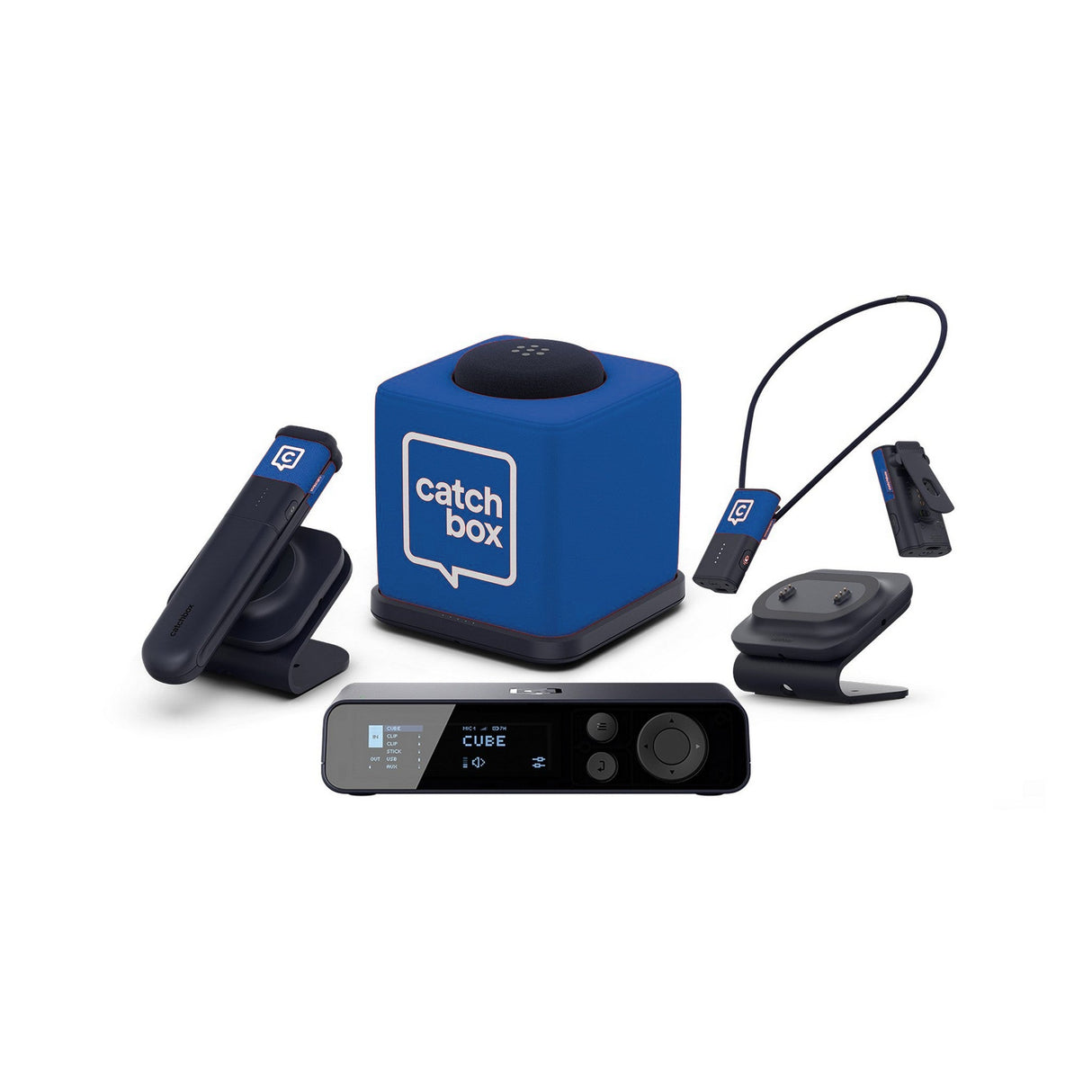 Catchbox Plus System with 4-Channel Hub DSP Receiver Single Cube Bundle - 1x Cube + Charger, 2x Clips + Duo Dock, 1x