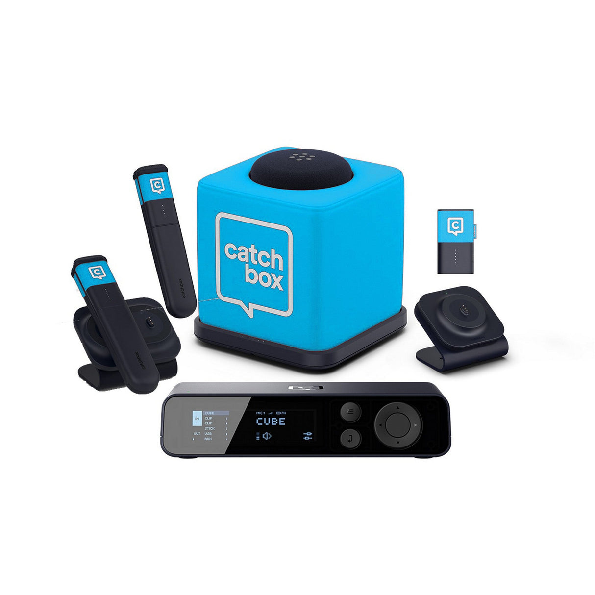 Catchbox Plus System with 4-Channel Hub DSP Receiver Single Cube Bundle - 1x Cube + Charger, 1x Clip + Single Dock, 2x