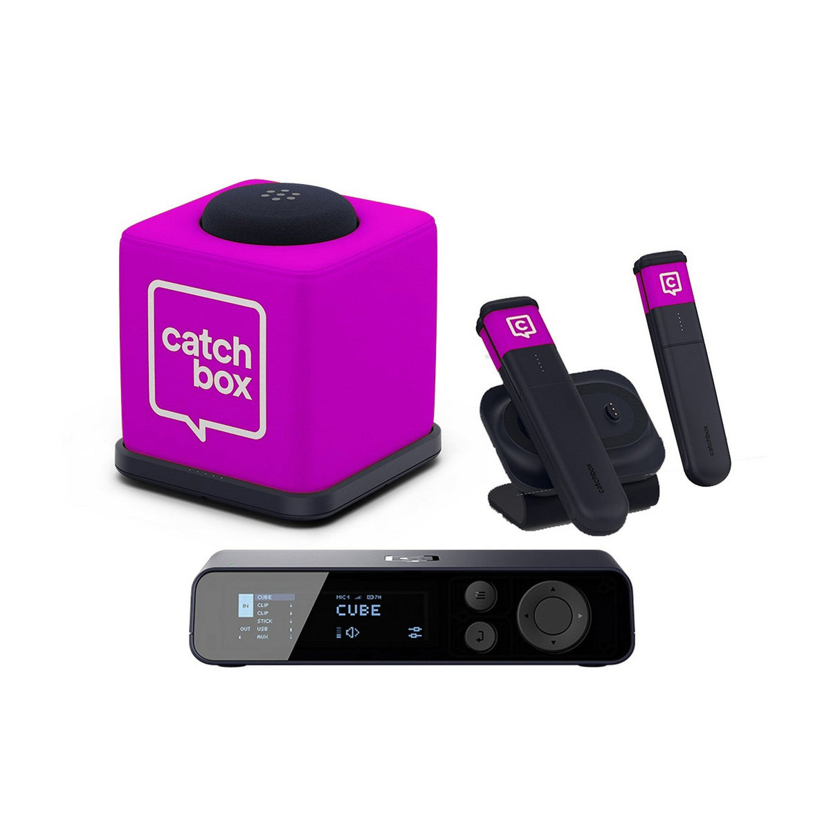 Catchbox Plus System with 4-Channel Hub DSP Receiver Single Cube Bundle - 1x Cube + Charger, 2x Sticks + Duo Dock