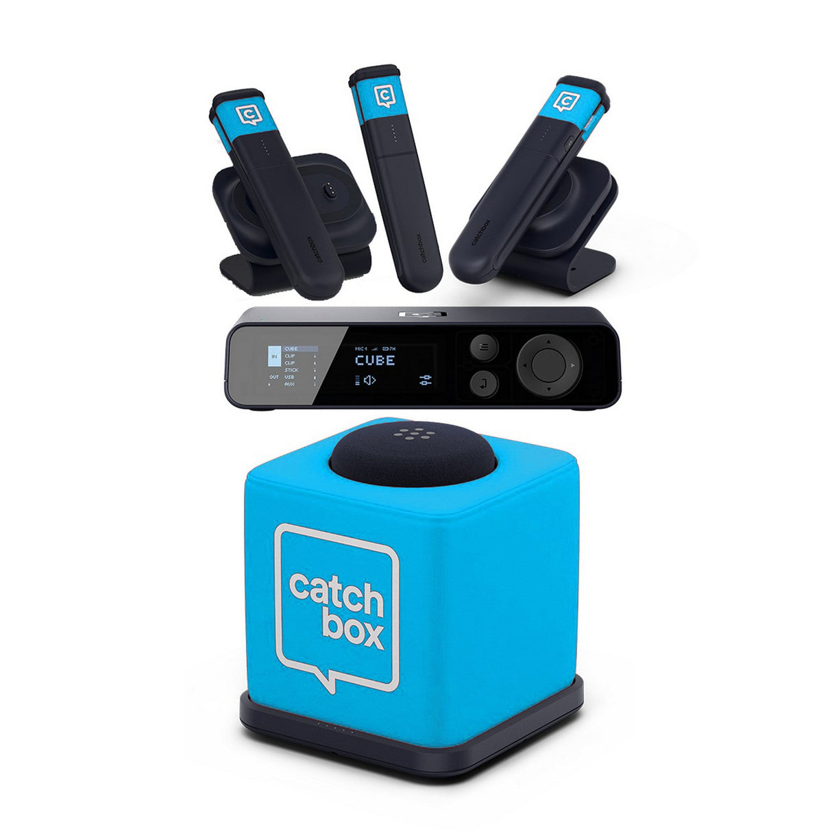 Catchbox Plus System with 4-Channel Hub DSP Receiver Single Cube Bundle - 1x Cube + Charger, 3x Sticks + Single Dock &