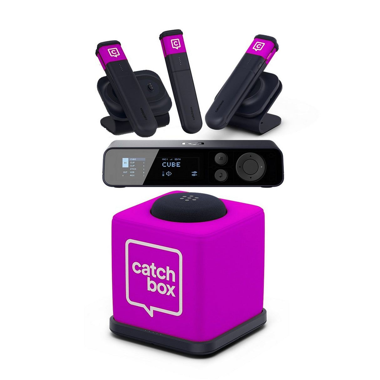 Catchbox Plus System with 4-Channel Hub DSP Receiver Single Cube Bundle - 1x Cube + Charger, 3x Sticks + Single Dock &