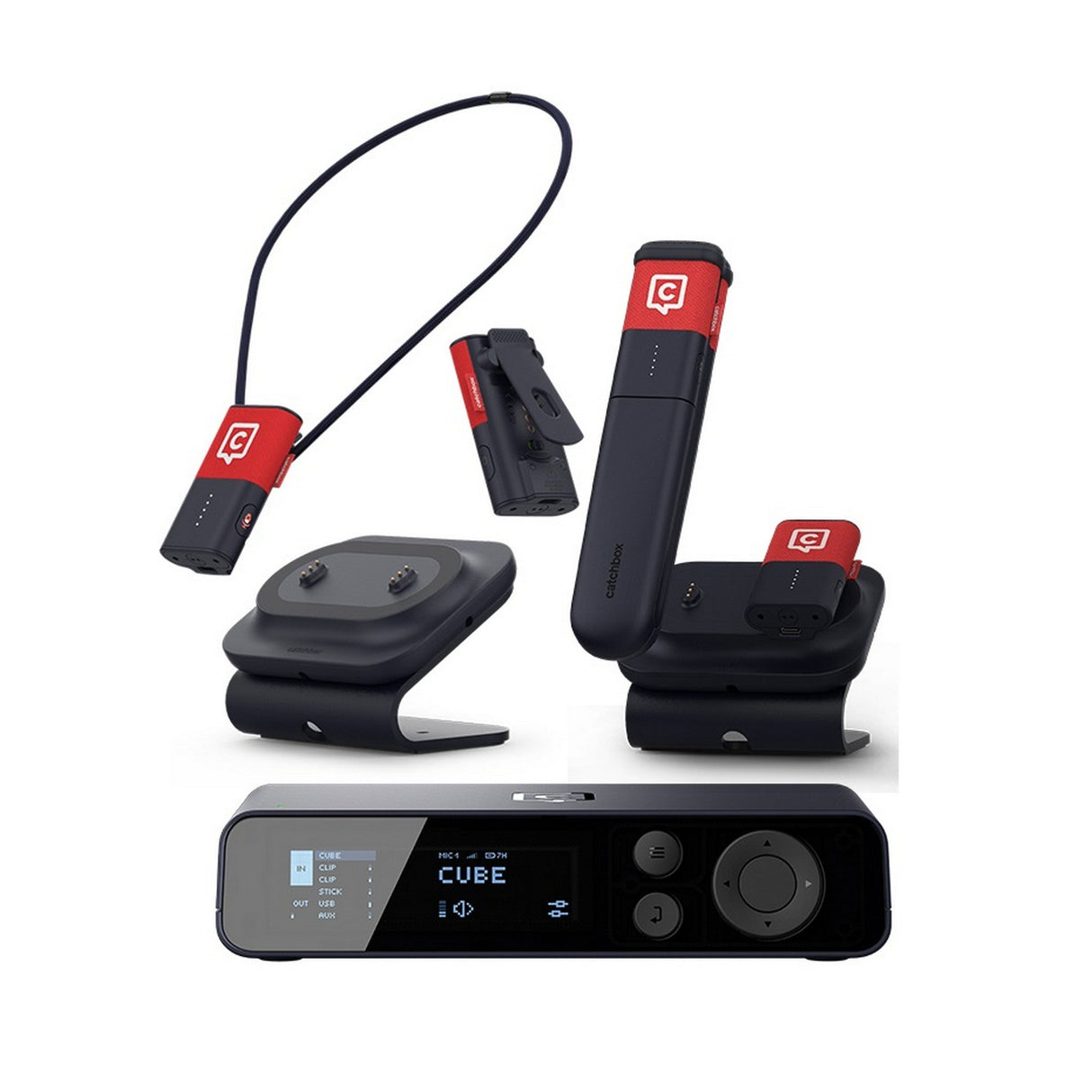 Catchbox Plus Wireless Microphone System with 4-Channel Plus Hub DSP Dante-Enabled Receiver - 3x Clips & 1x Stick + 2x