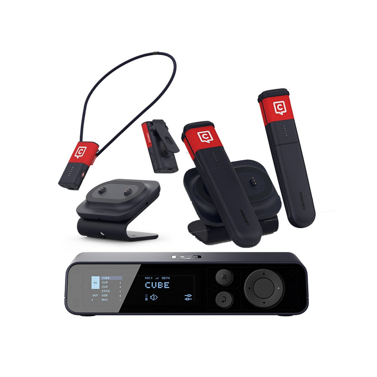 Catchbox Plus Wireless Microphone System with 4-Channel Plus Hub DSP Dante-Enabled Receiver - 2x Clips & 2x Sticks + 2x