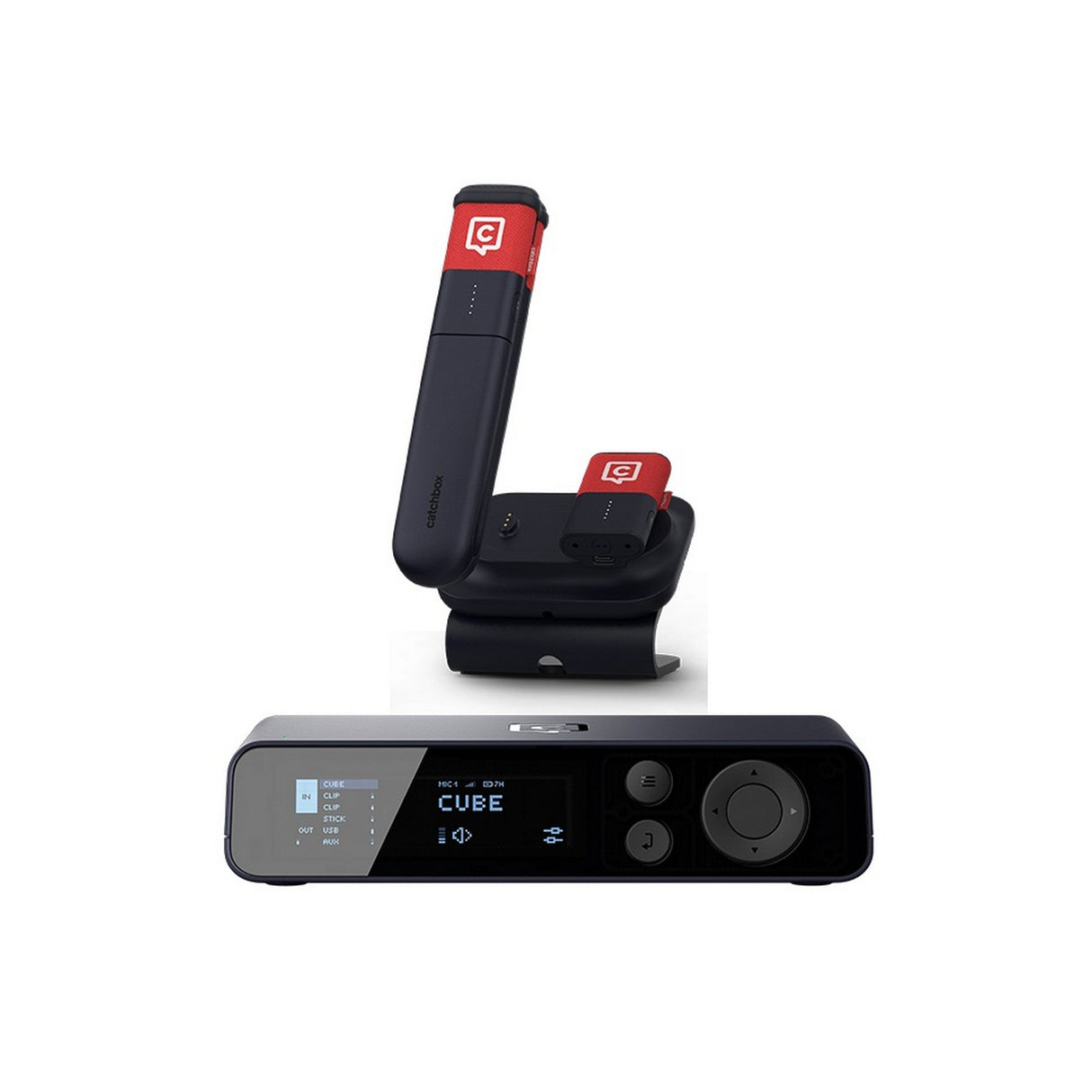 Catchbox Plus Wireless Microphone System with 4-Channel Plus Hub DSP Dante-Enabled Receiver - 1x Clip & 1x Stick + Dual