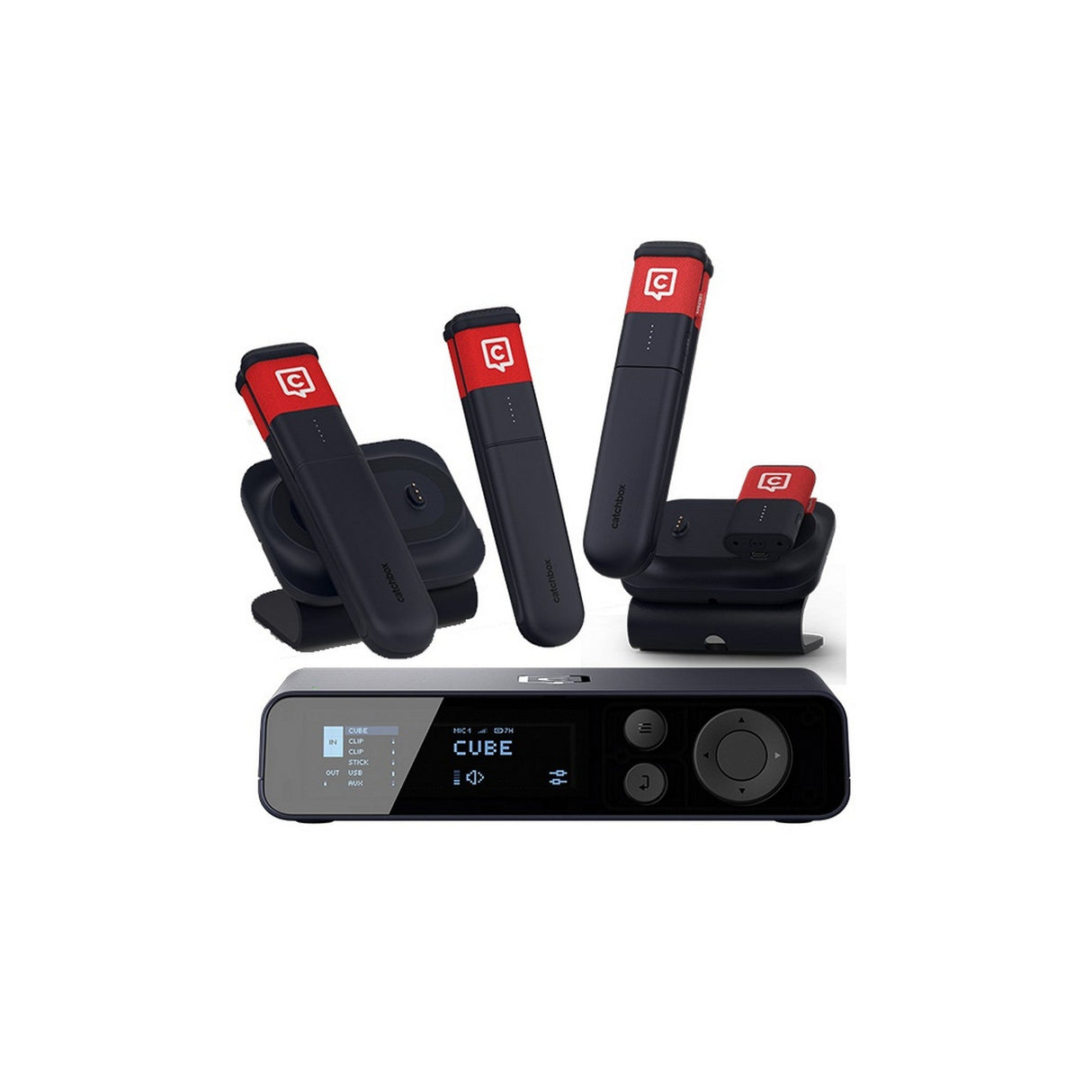 Catchbox Plus Wireless Microphone System with 4-Channel Plus Hub DSP Dante-Enabled Receiver - 1x Clip & 3x Sticks + 2x