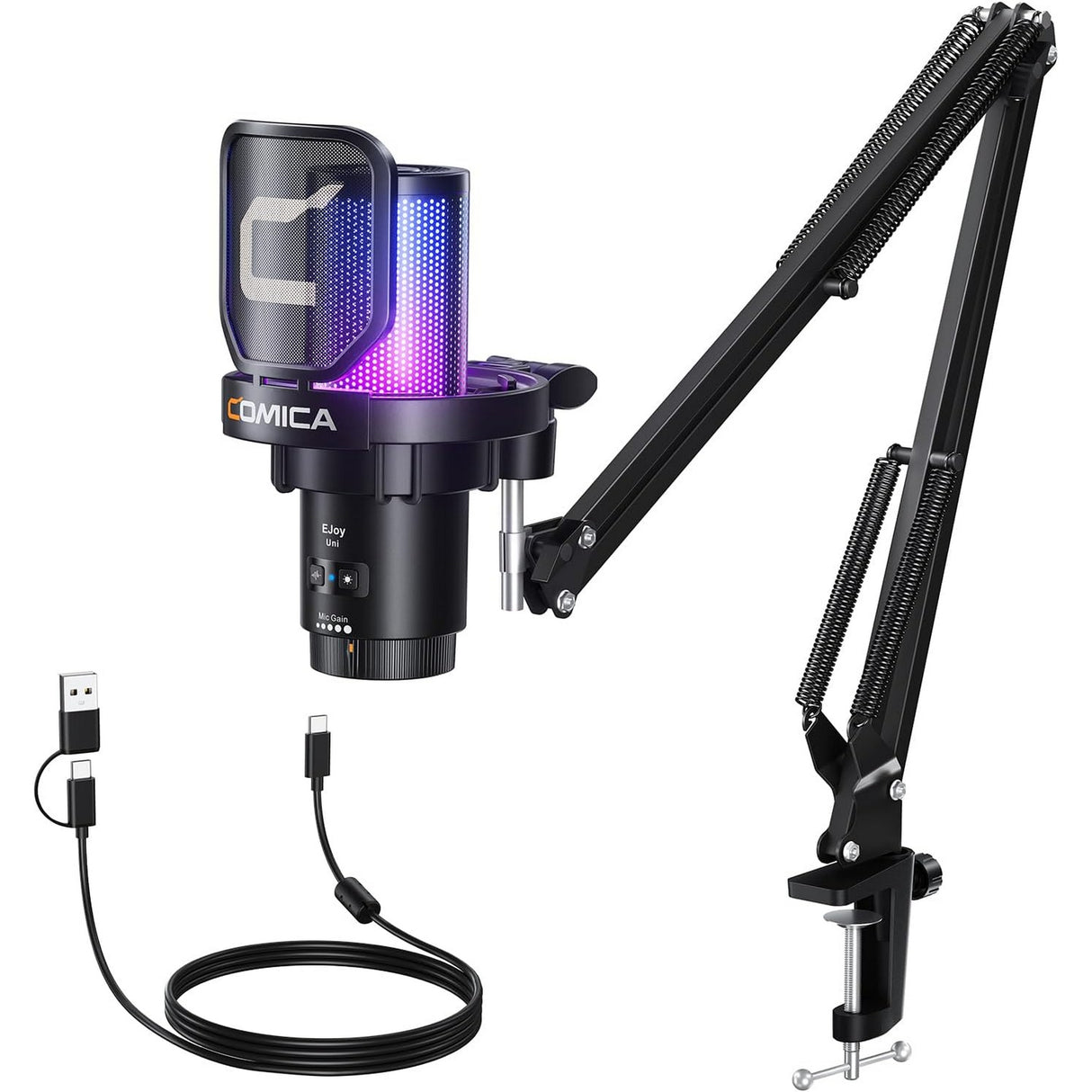 COMICA EJoy Uni A Wired USB Gaming Microphone with Boom Arm Noise Cancellation and RGB Lights Monitoring