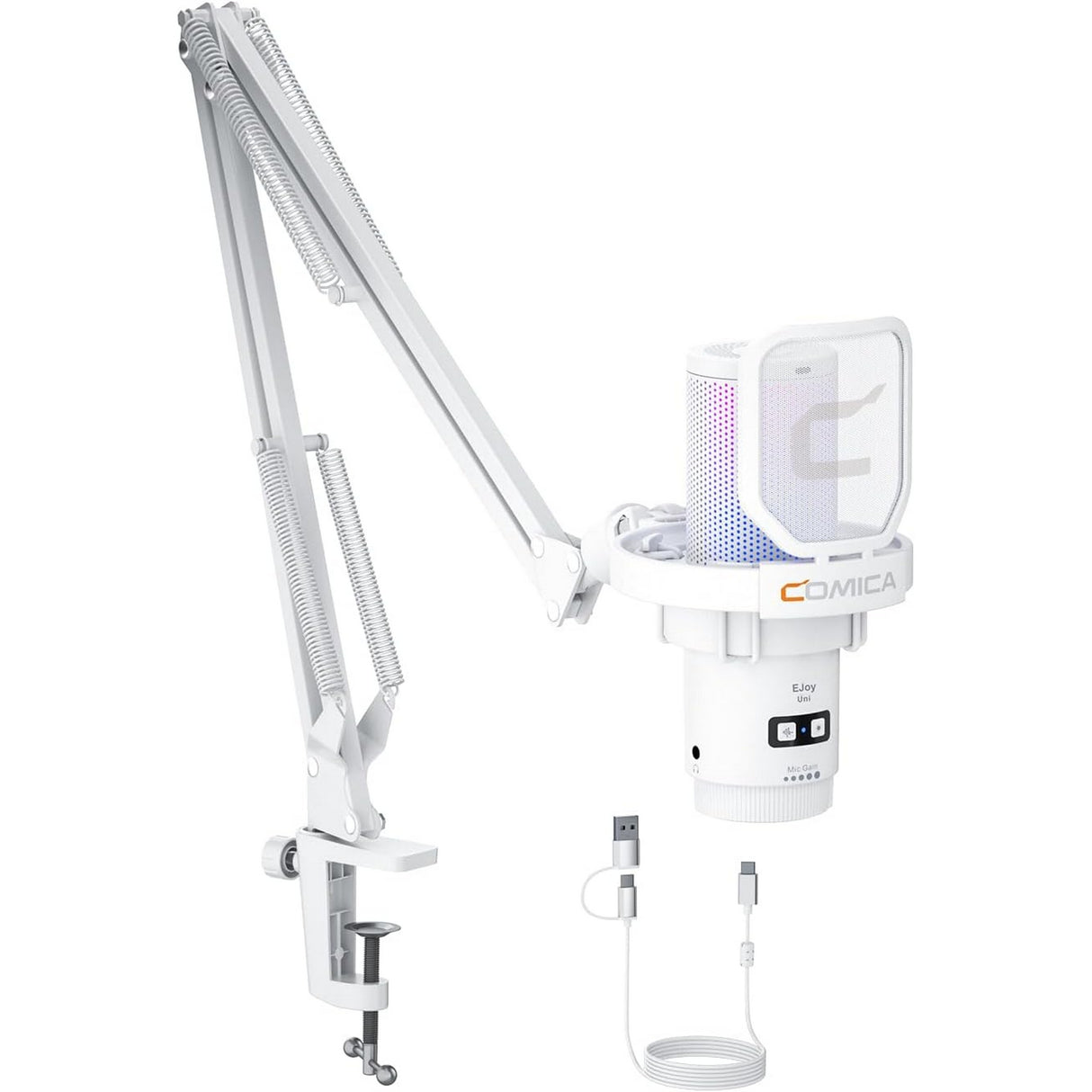 COMICA EJoy Uni A Wired USB Gaming Microphone with Boom Arm Noise Cancellation and RGB Lights Monitoring
