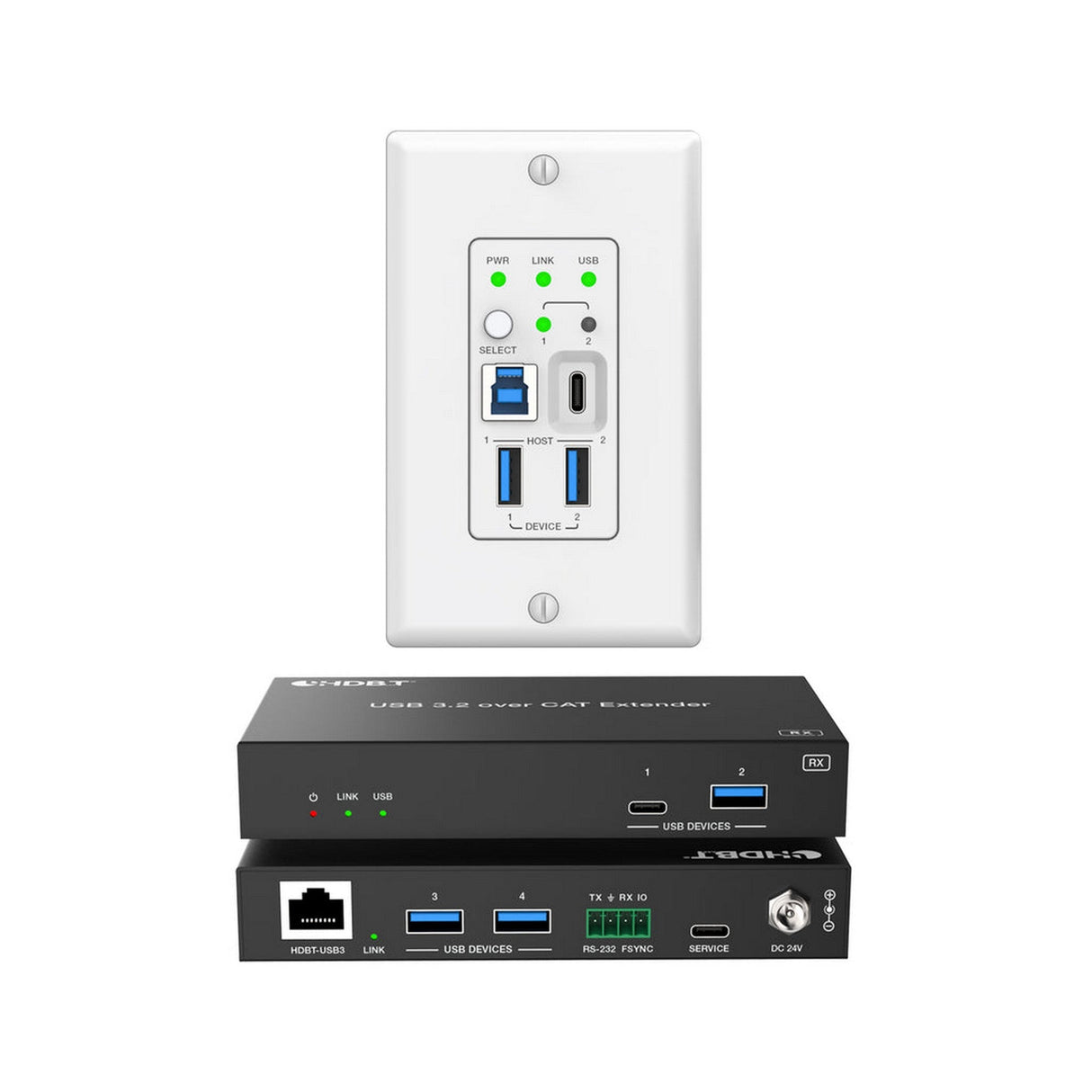 DVDO 2-Host USB-C and USB 3.2 Gen 1 100m Extender over HDBaseT - Wall Plate Transmitter & Box Receiver
