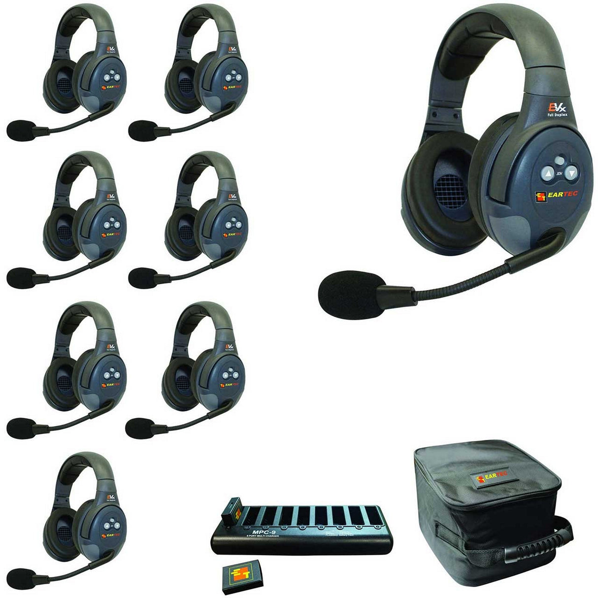 Eartec EVADE EVX8D Full Duplex Wireless Intercom System with 8 Dual Speaker Headsets