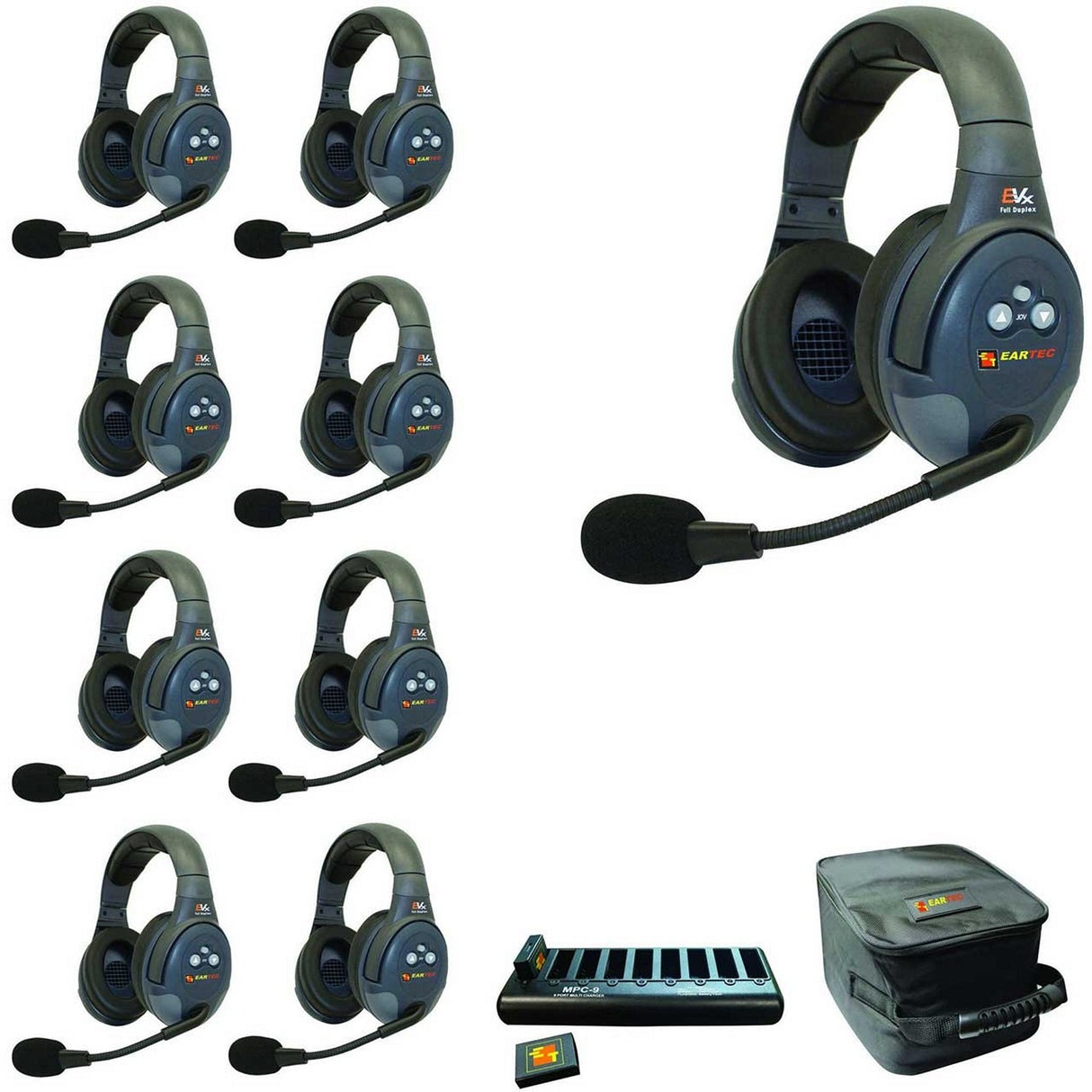 Eartec EVADE EVX9D Full Duplex Wireless Intercom System with 9 Dual Speaker Headsets