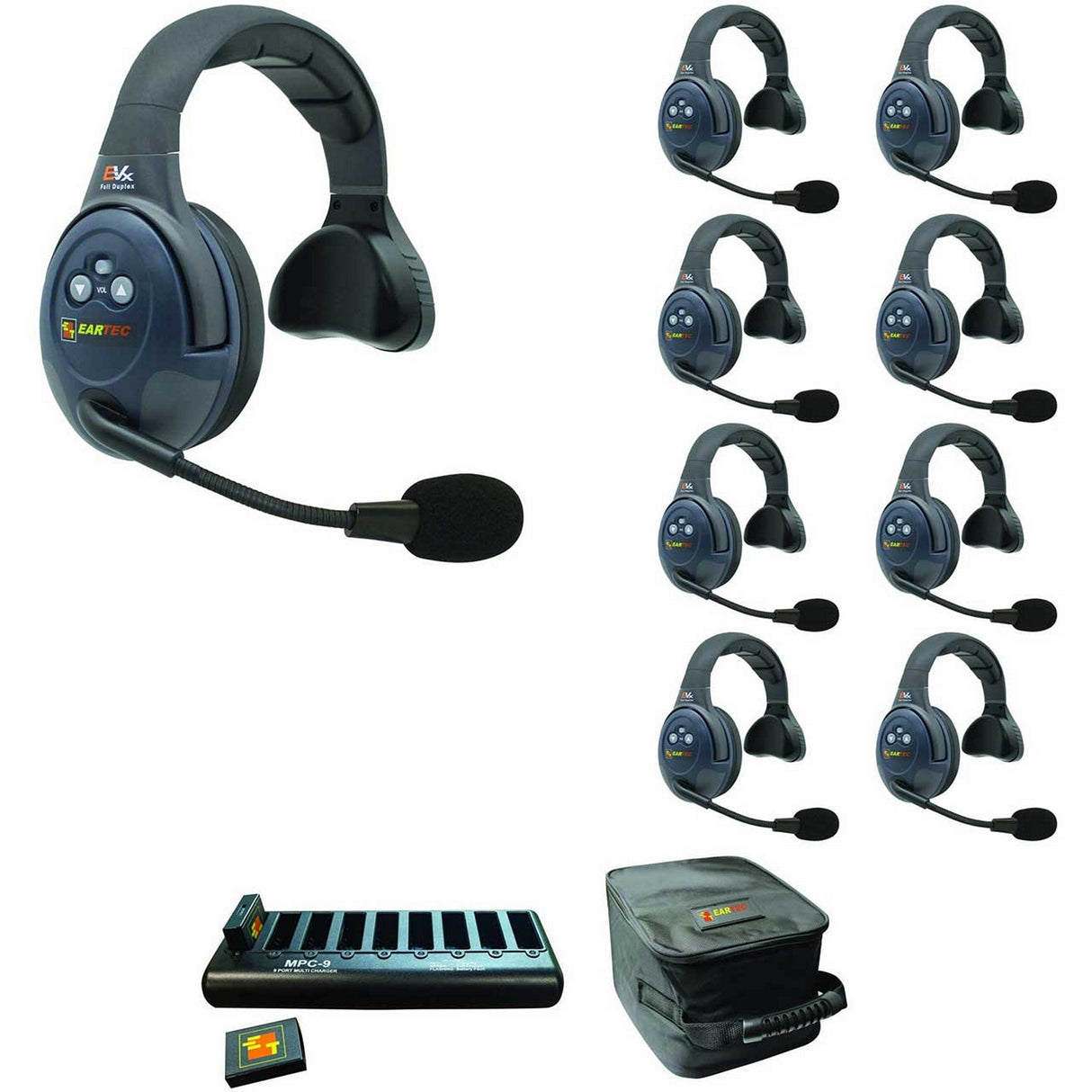 Eartec EVADE EVX9S Full Duplex Wireless Intercom System with 9 Single Speaker Headsets