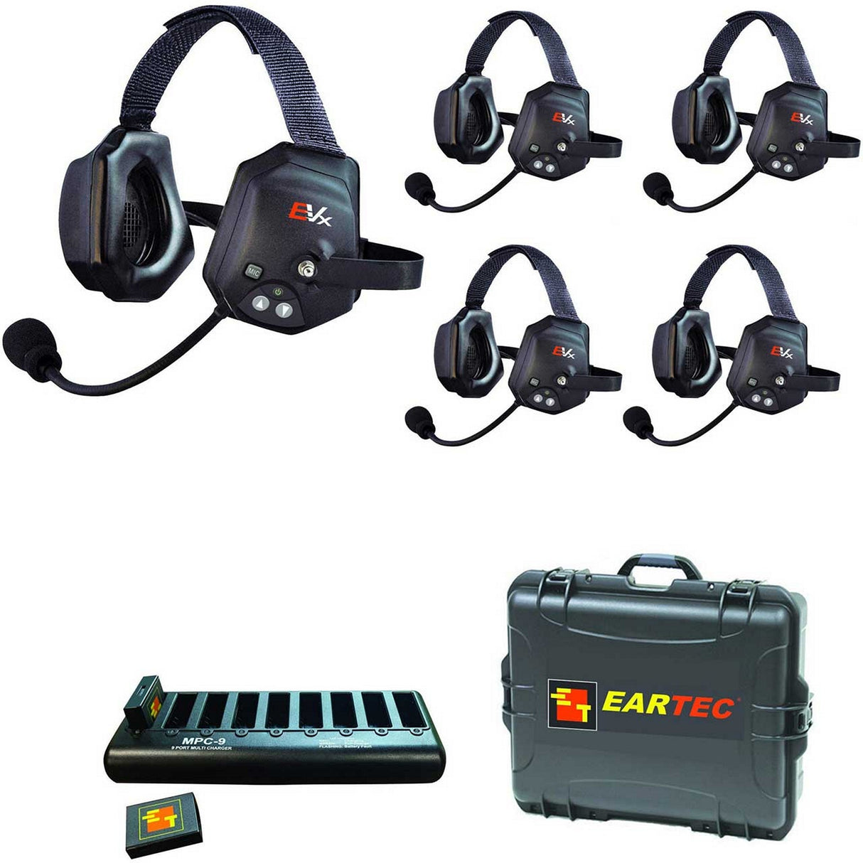Eartec EVADE EVXT5 Xtreme Full Duplex Wireless Intercom System with 5 Dual Speaker Headsets