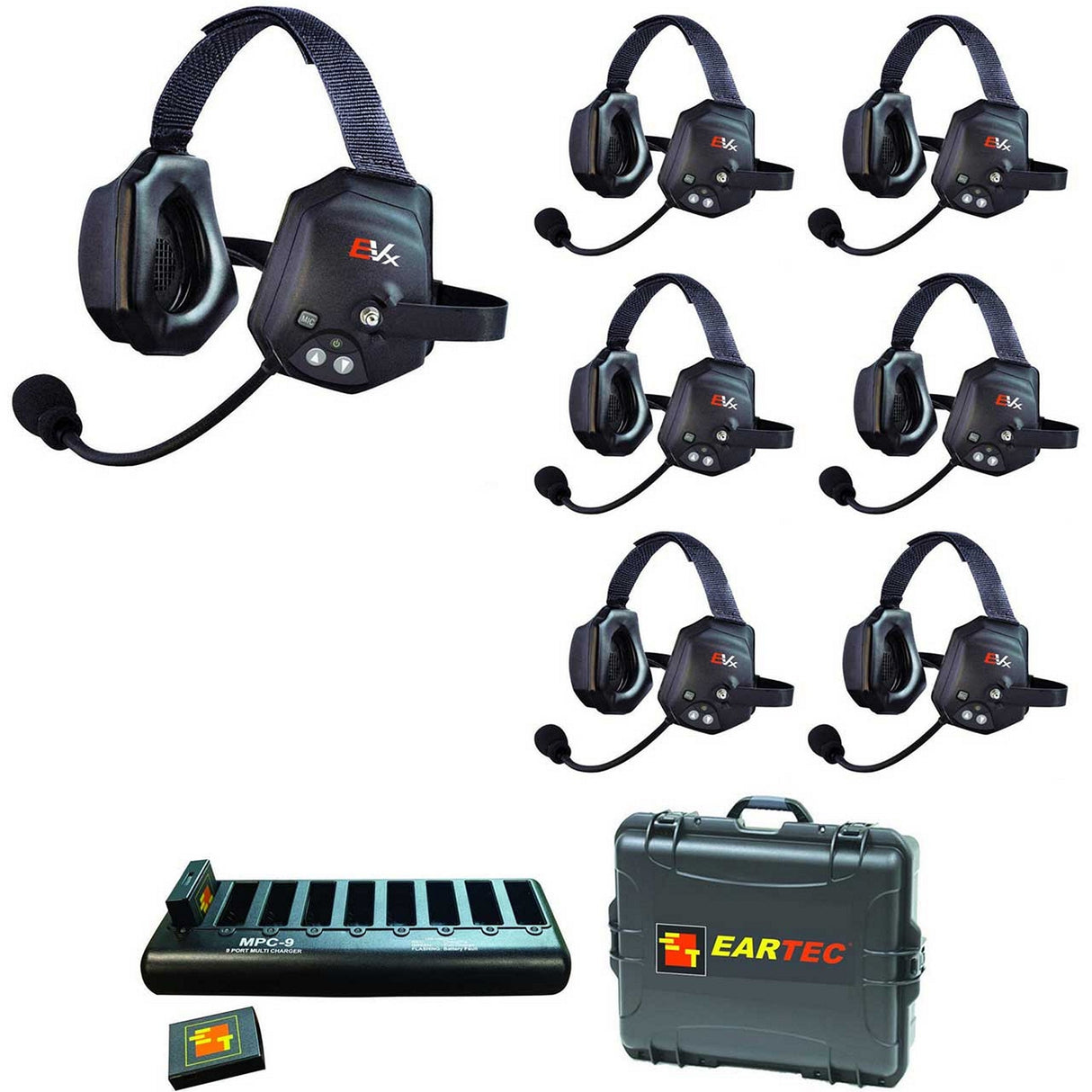 Eartec EVADE EVXT7 Xtreme Full Duplex Wireless Intercom System with 7 Dual Speaker Headsets
