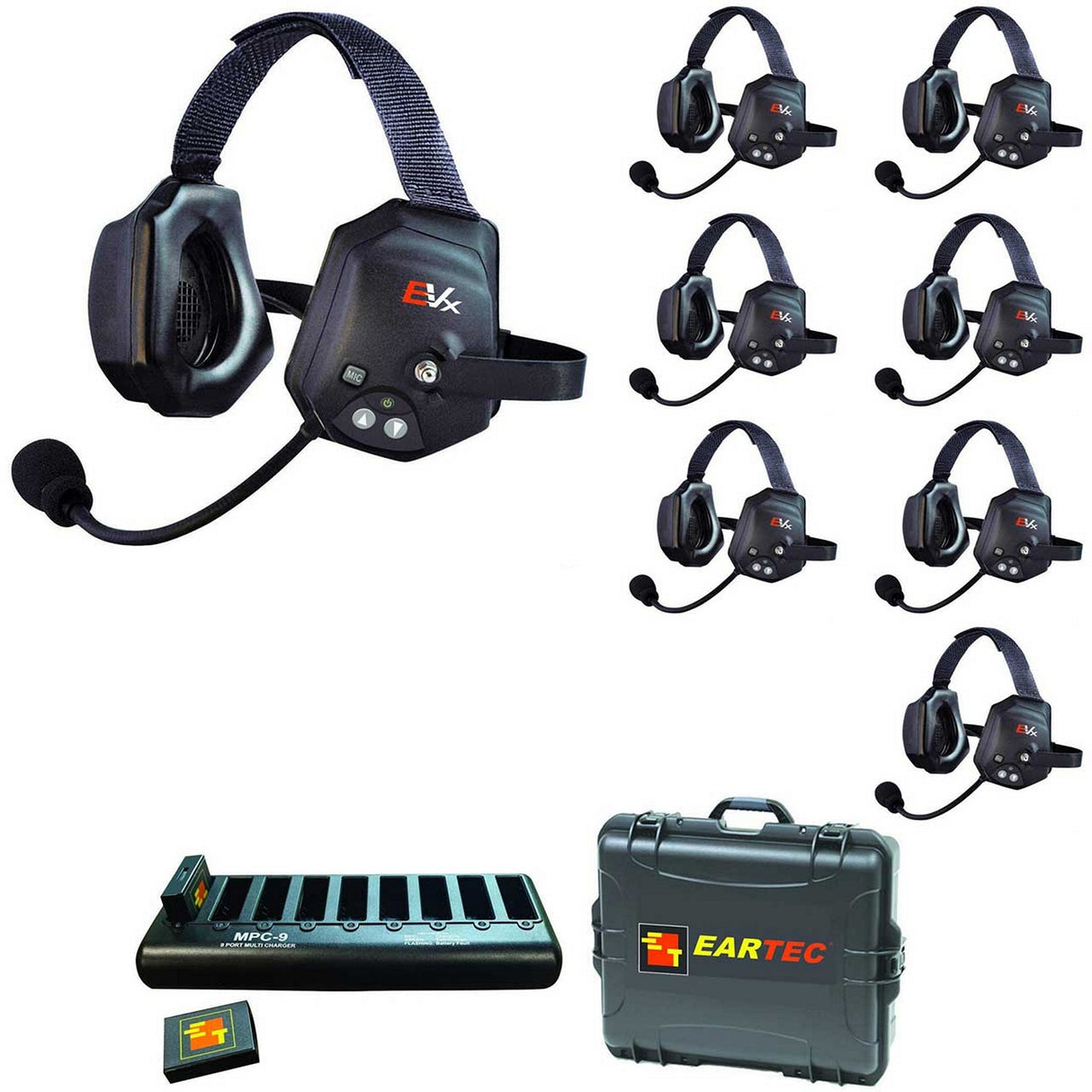 Eartec EVADE EVXT8 Xtreme Full Duplex Wireless Intercom System with 8 Dual Speaker Headsets