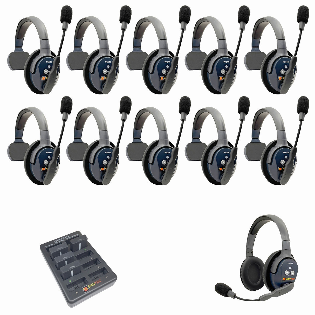 Eartec PRO16 Full Duplex True Wireless Headset Intercom Systems for 10 - 11 Users - 11-Users: 1x Single Main, 10x