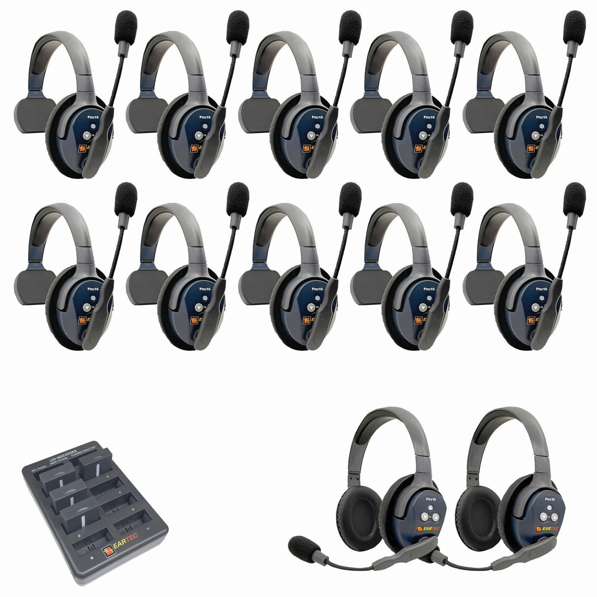 Eartec PRO16 Full Duplex True Wireless Headset Intercom Systems for 12 - 13 Users - 12-Users: 1x Single Main, 9x Single