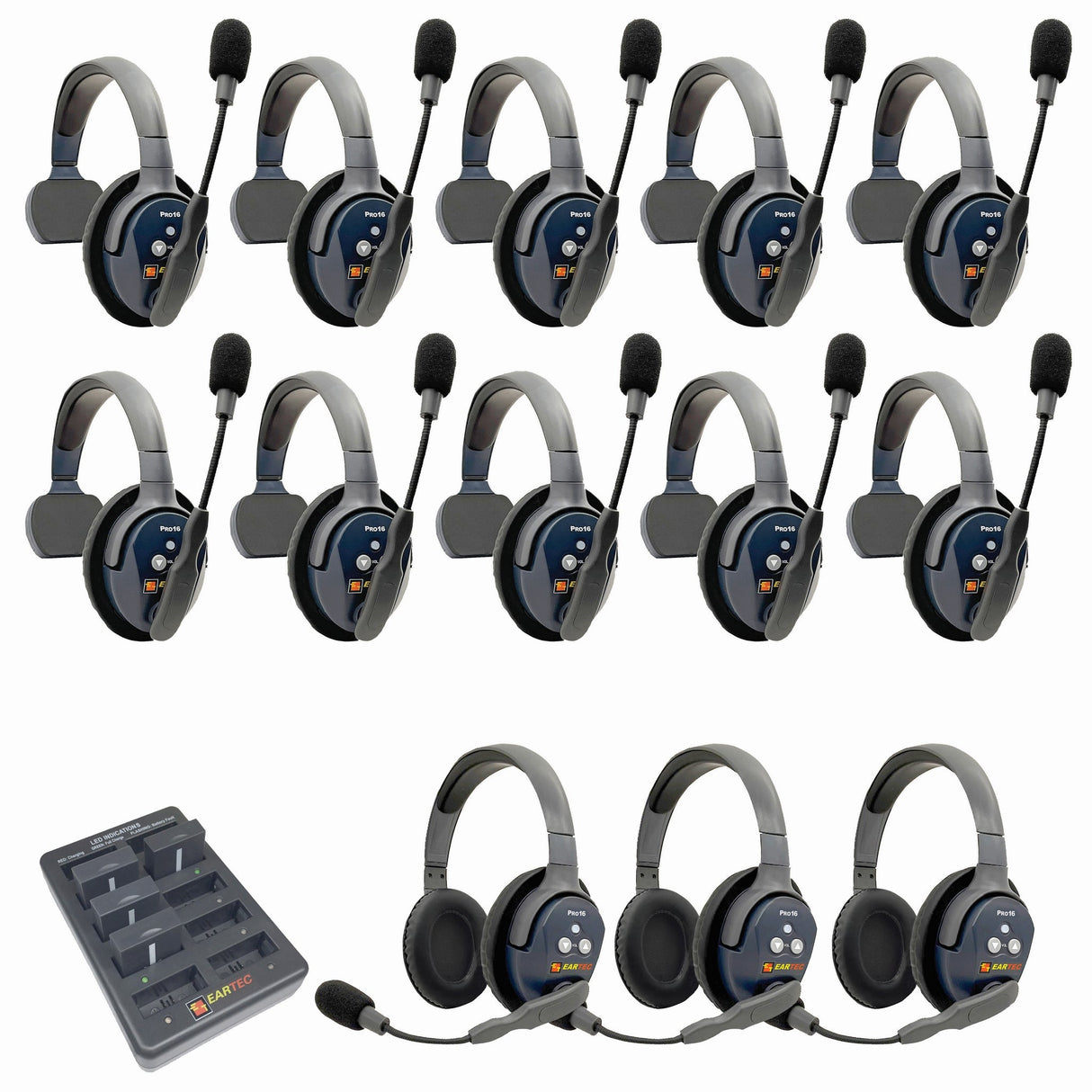 Eartec PRO16 Full Duplex True Wireless Headset Intercom Systems for 12 - 13 Users - 13-Users: 1x Single Main, 9x Single