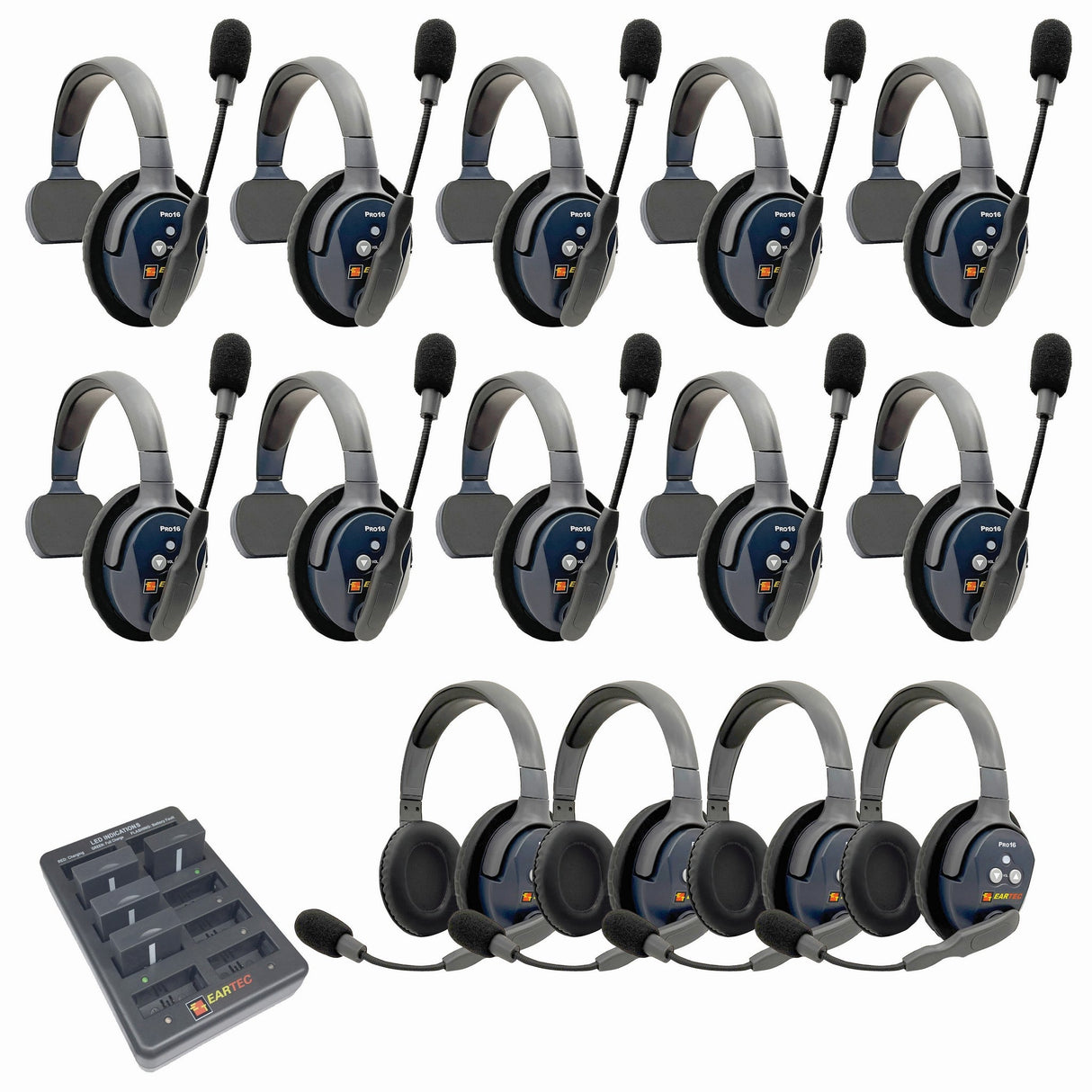 Eartec PRO16 Full Duplex True Wireless Headset Intercom Systems for 14-Users - 1x Single Main, 9x Single Remote, 4x