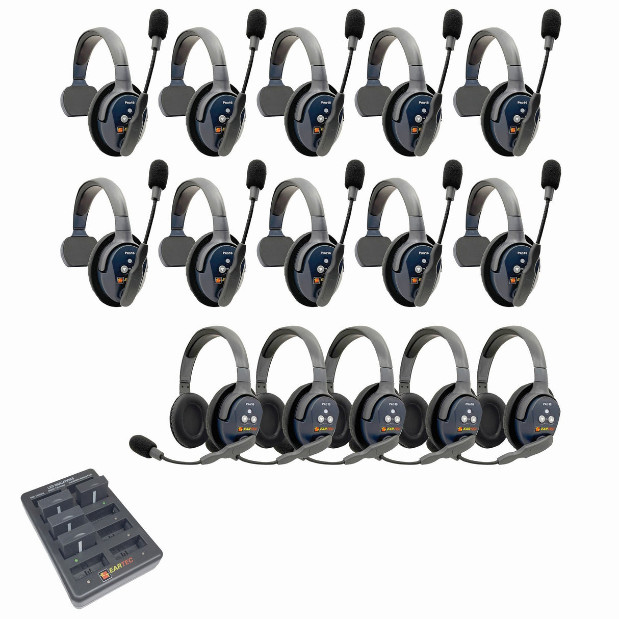 Eartec PRO16 Full Duplex True Wireless Headset Intercom Systems for 15-Users - 1x Single Main, 9x Single Remote, 5x