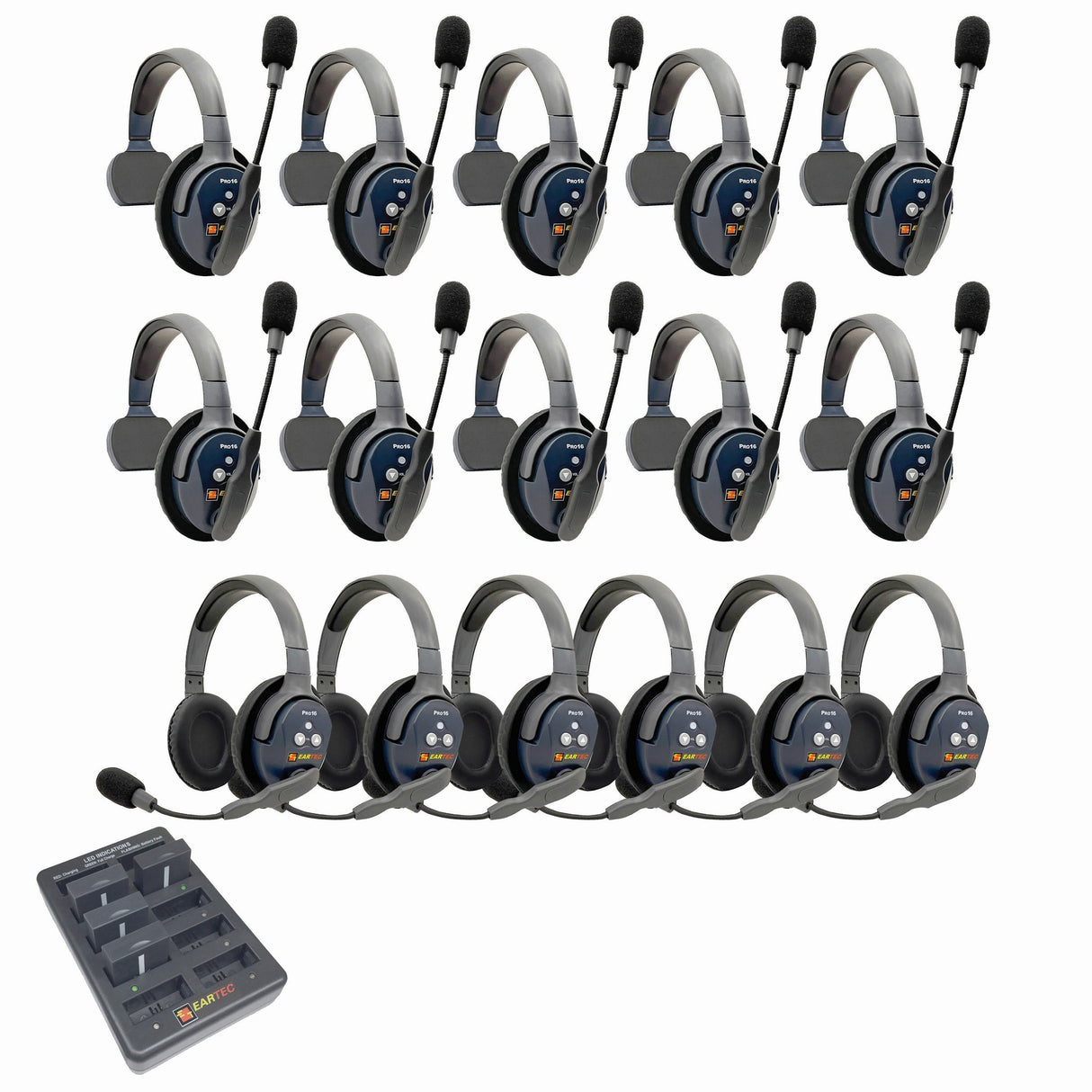 Eartec PRO16 Full Duplex True Wireless Headset Intercom Systems for 16-Users - 1x Single Main, 9x Single Remote, 6x