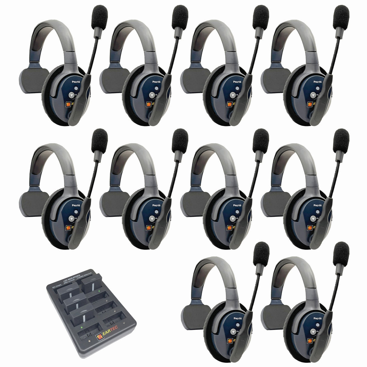 Eartec PRO16 Full Duplex True Wireless Headset Intercom Systems for 10 - 11 Users - 10-Users: 1x Single Main, 9x Single