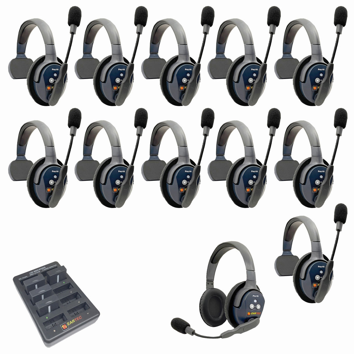Eartec PRO16 Full Duplex True Wireless Headset Intercom Systems for 12 - 13 Users - 12-Users: 1x Single Main, 10x