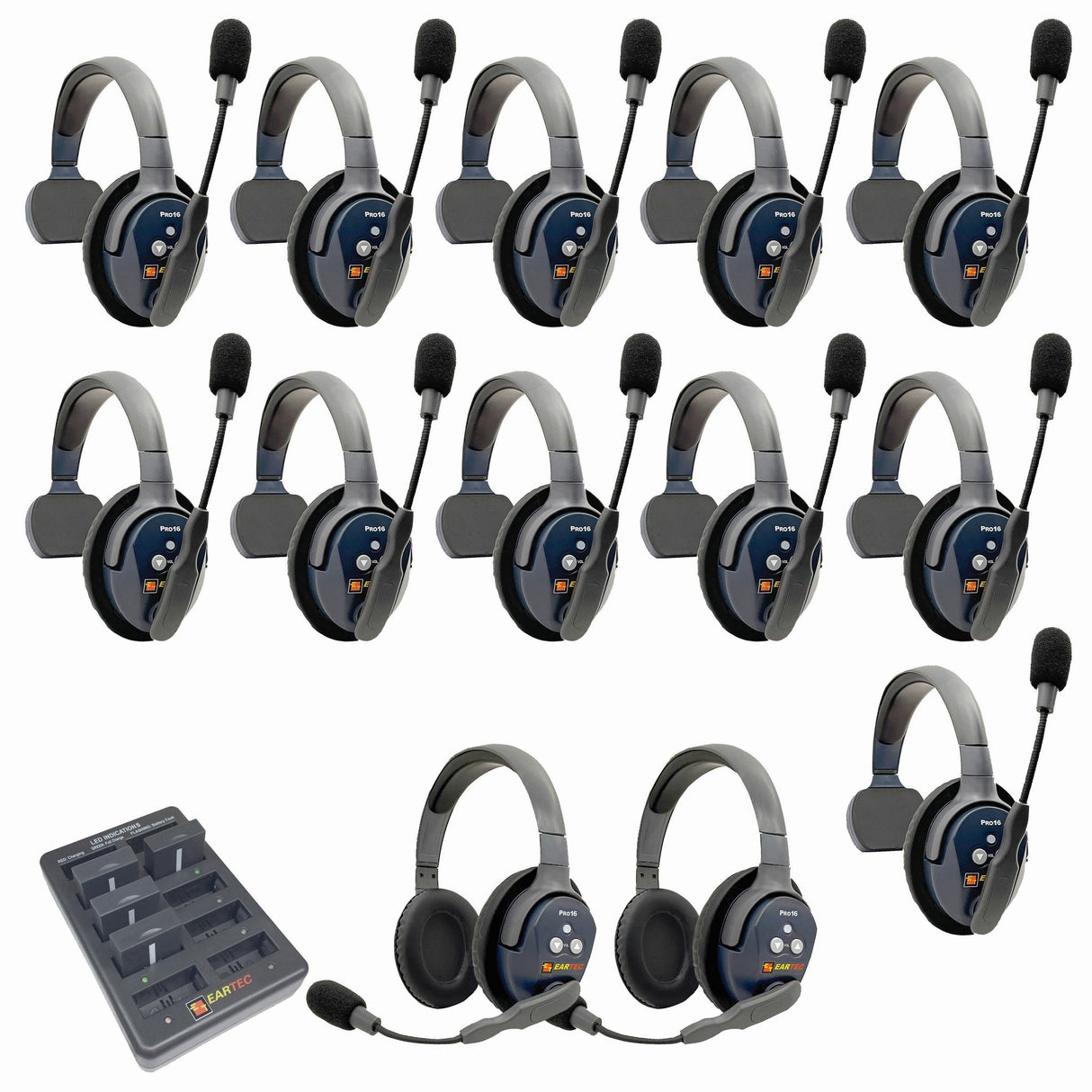Eartec PRO16 Full Duplex True Wireless Headset Intercom Systems for 12 - 13 Users - 13-Users: 1x Single Main, 10x