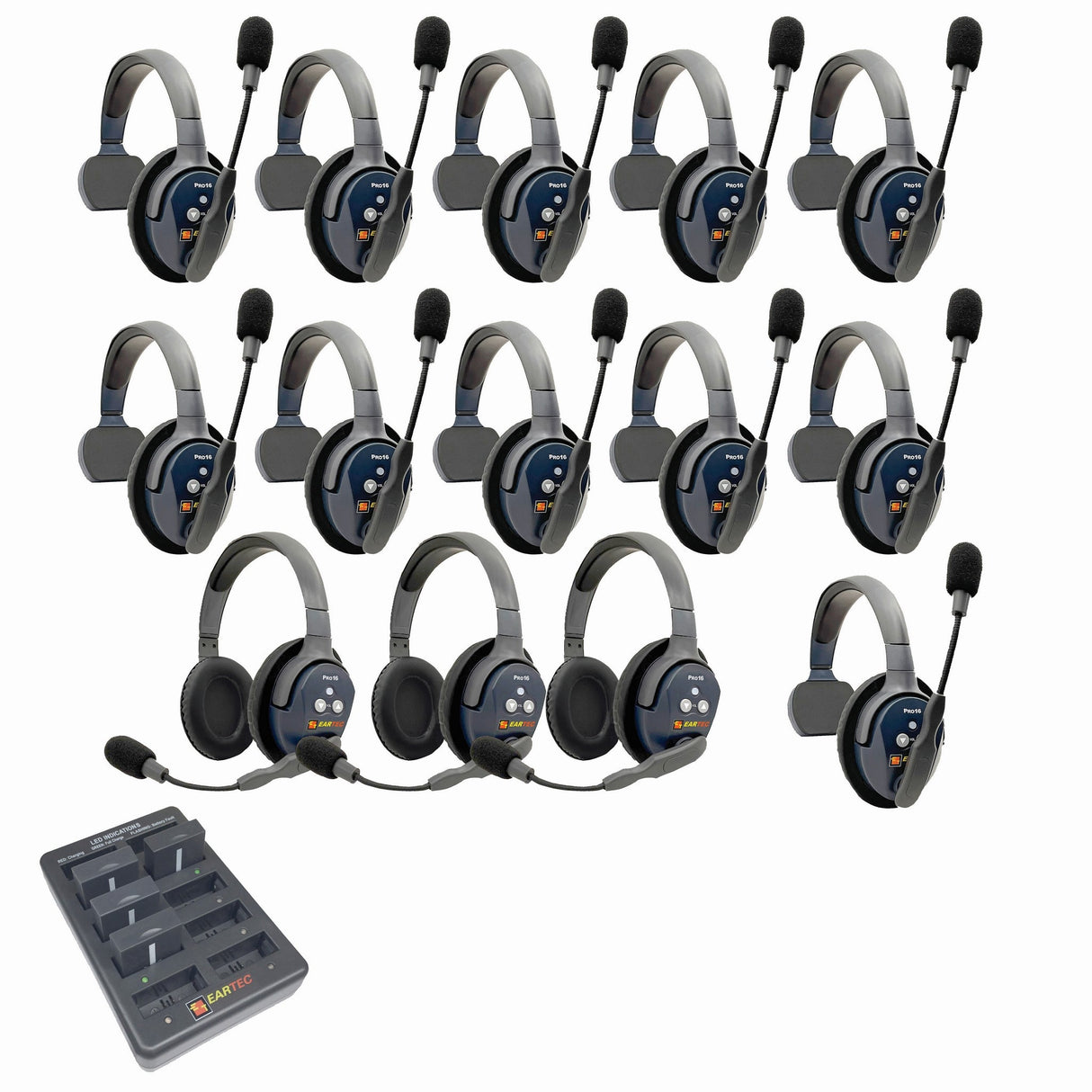 Eartec PRO16 Full Duplex True Wireless Headset Intercom Systems for 14-Users - 1x Single Main, 10x Single Remote, 3x