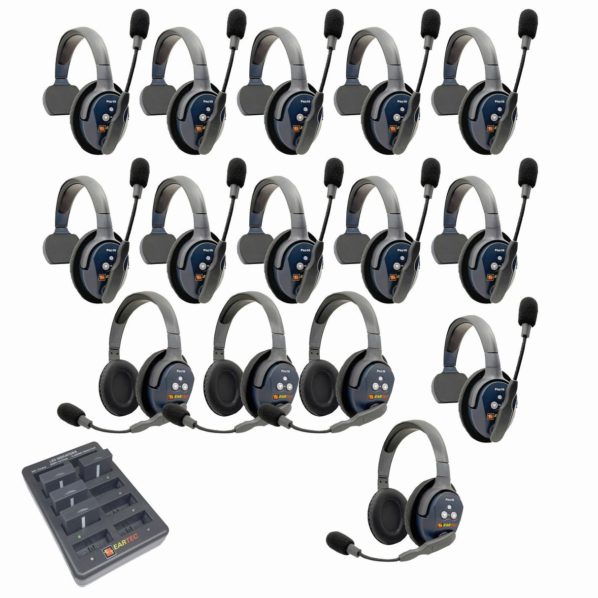 Eartec PRO16 Full Duplex True Wireless Headset Intercom Systems for 15-Users - 1x Single Main, 10x Single Remote, 4x