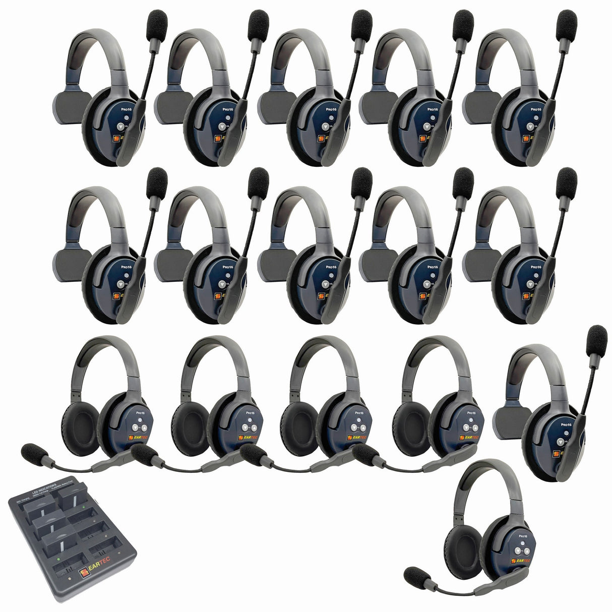Eartec PRO16 Full Duplex True Wireless Headset Intercom Systems for 16-Users - 1x Single Main, 10x Single Remote, 5x