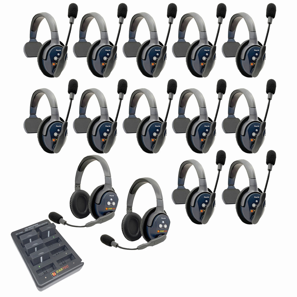 Eartec PRO16 Full Duplex True Wireless Headset Intercom Systems for 14-Users - 1x Single Main, 11x Single Remote, 2x