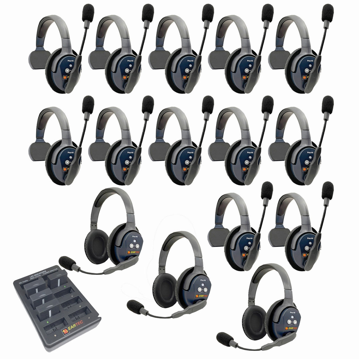 Eartec PRO16 Full Duplex True Wireless Headset Intercom Systems for 15-Users - 1x Single Main, 11x Single Remote, 3x