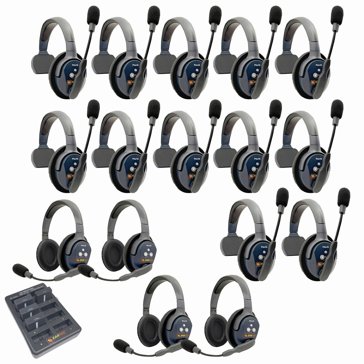 Eartec PRO16 Full Duplex True Wireless Headset Intercom Systems for 16-Users - 1x Single Main, 11x Single Remote, 4x