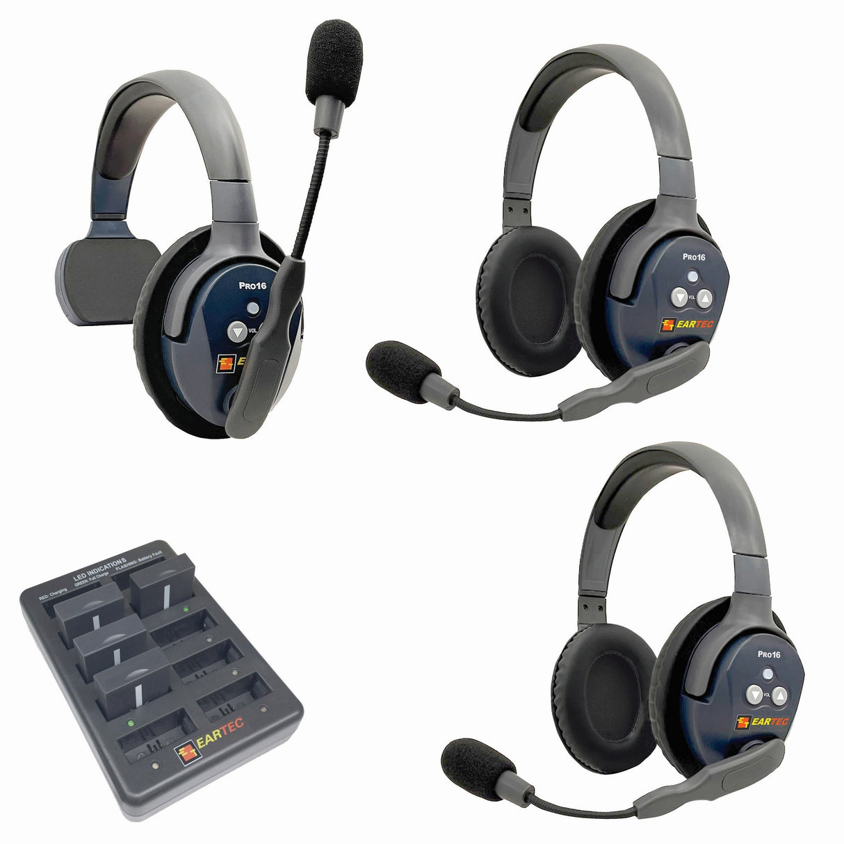 Eartec PRO16 Full Duplex True Wireless Headset Intercom Systems for 2 - 6 Users - 3-Users: 1x Single Main, 2x Double
