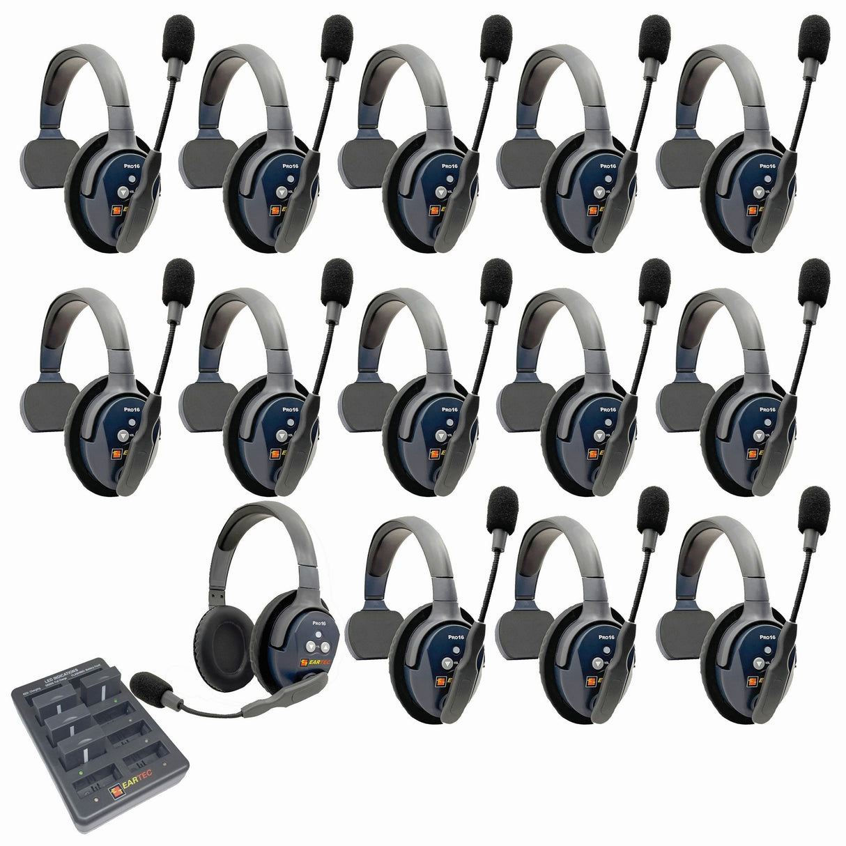 Eartec PRO16 Full Duplex True Wireless Headset Intercom Systems for 14-Users - 1x Single Main, 12x Single Remote, 1x