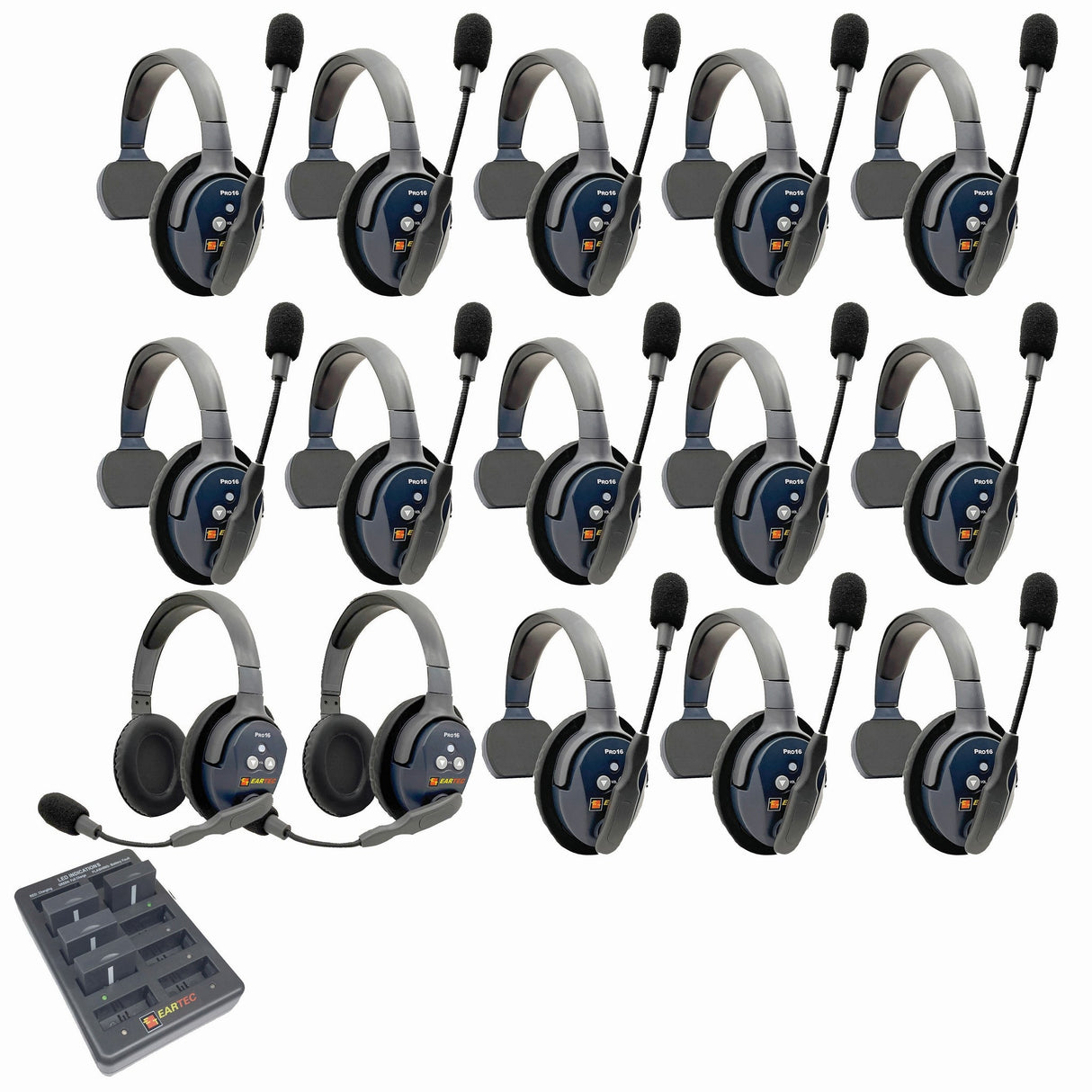 Eartec PRO16 Full Duplex True Wireless Headset Intercom Systems for 15-Users - 1x Single Main, 12x Single Remote, 2x