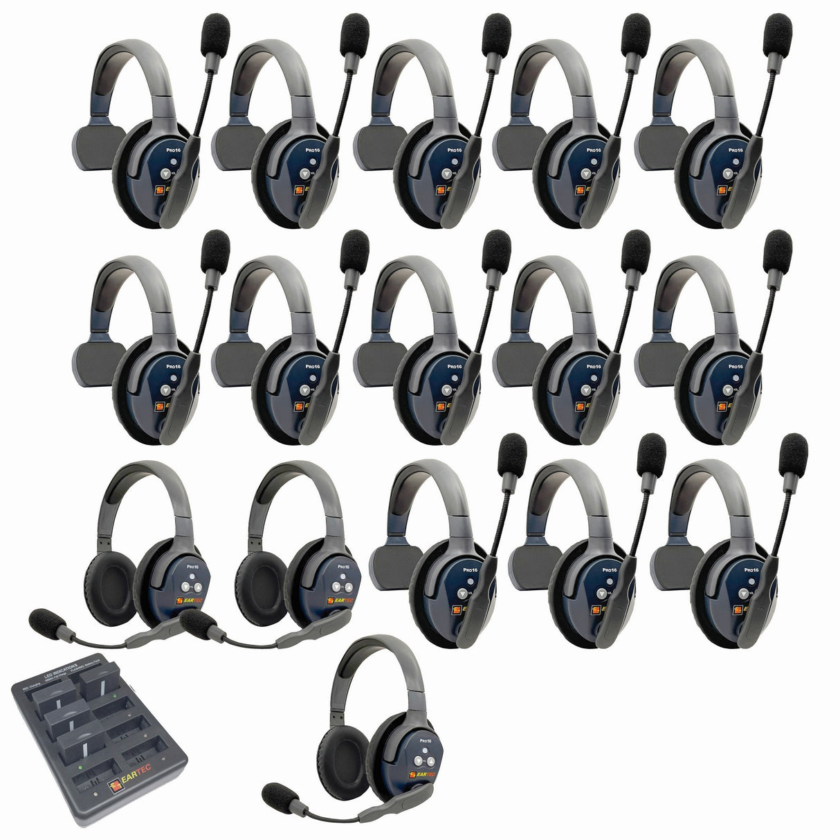 Eartec PRO16 Full Duplex True Wireless Headset Intercom Systems for 16-Users - 1x Single Main, 12x Single Remote, 3x