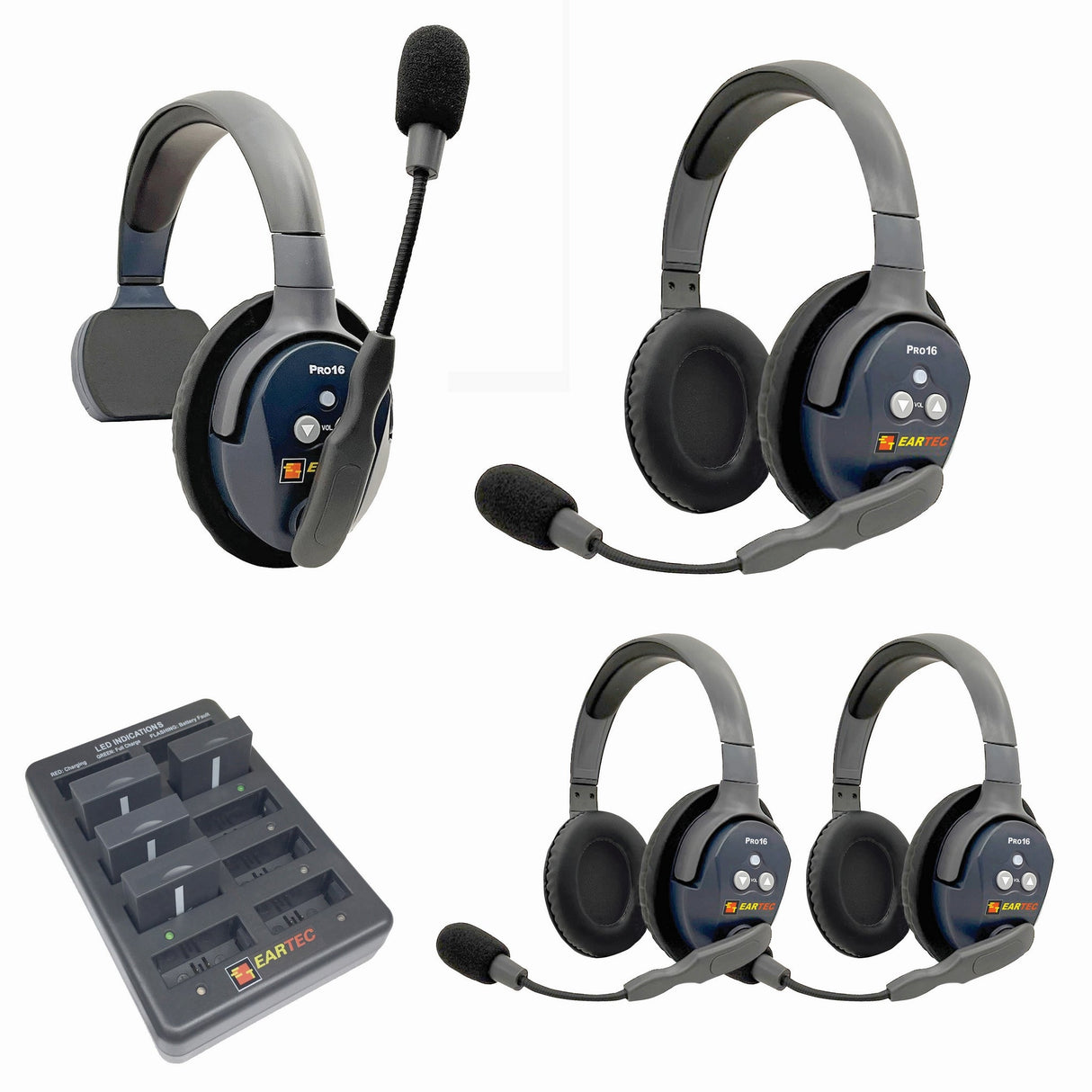 Eartec PRO16 Full Duplex True Wireless Headset Intercom Systems for 2 - 6 Users - 4-Users: 1x Single Main, 3x Double