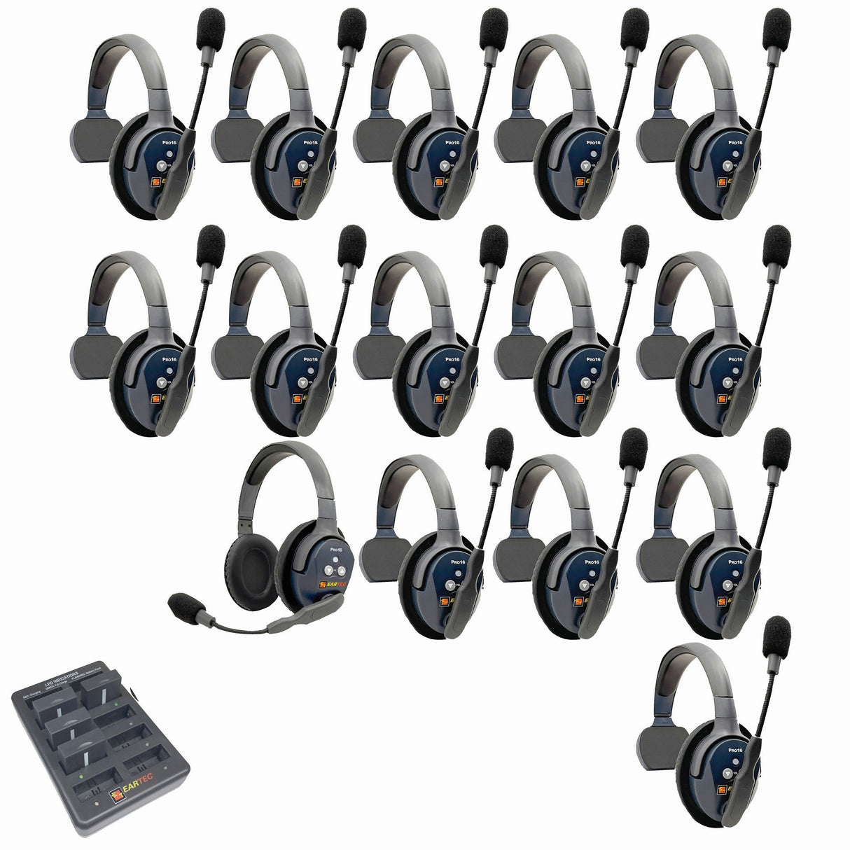 Eartec PRO16 Full Duplex True Wireless Headset Intercom Systems for 15-Users - 1x Single Main, 13x Single Remote, 1x