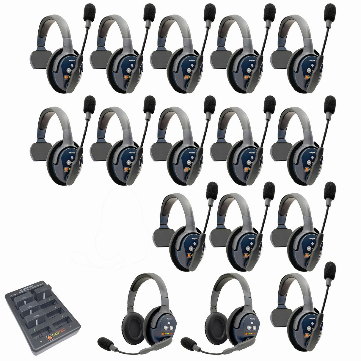 Eartec PRO16 Full Duplex True Wireless Headset Intercom Systems for 16-Users - 1x Single Main, 13x Single Remote, 2x